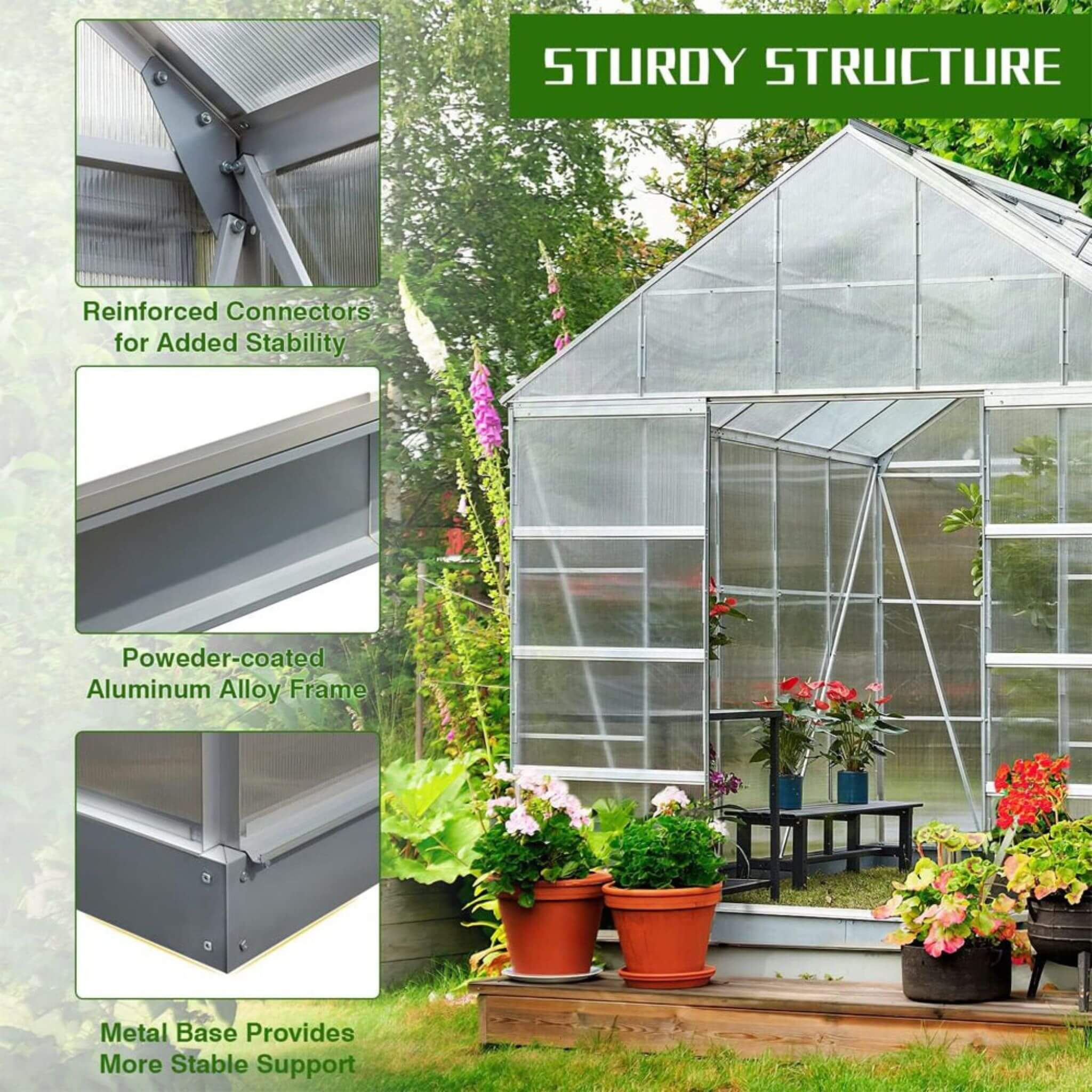[10x16FT] Extra Large Heavy Duty Backyard Polycarbonate Aluminum Greenhouse With Sliding Doors And Vents (SAK97526) - Energize Trek