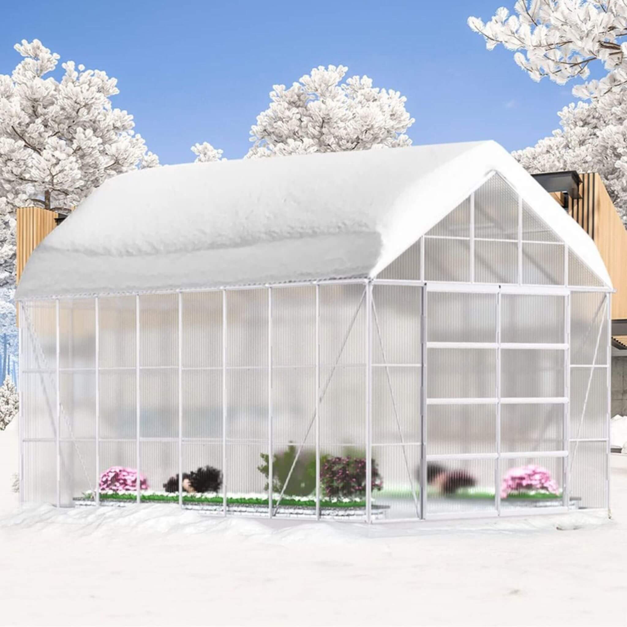 [10x16FT] Extra Large Heavy Duty Backyard Polycarbonate Aluminum Greenhouse With Sliding Doors And Vents (SAK97526) - Energize Trek
