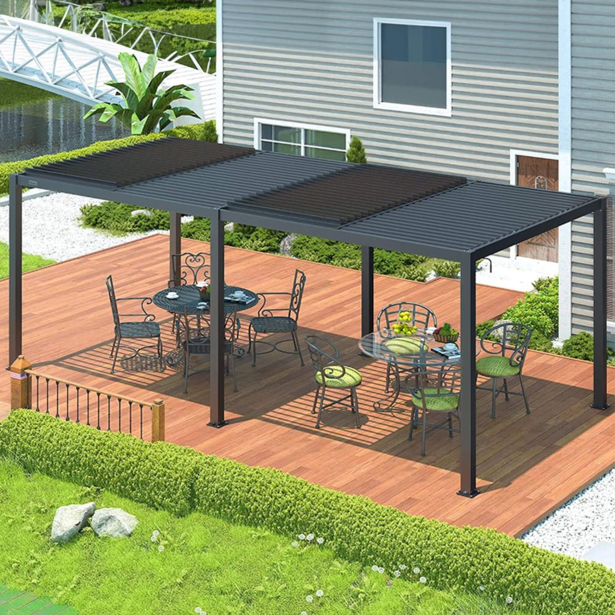 [10x19FT] Premium Full Aluminum Patio Outdoor Louvered Pergola With Adjustable Hardtop Roof (SAK86352) - Energize Trek