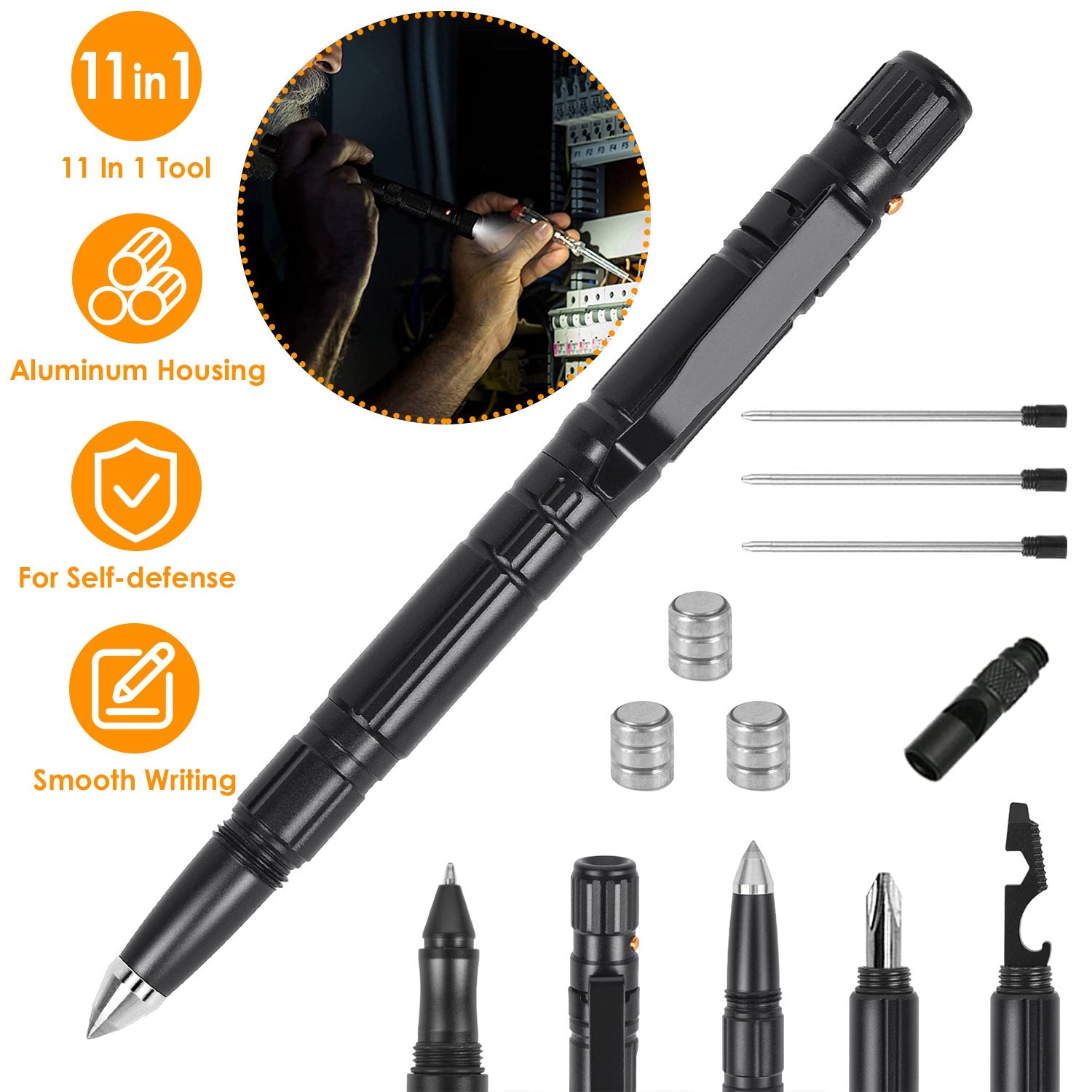 11 In 1 Tactical Pen Gear Set Multi-tool Survival Pen Set Cool Gadget Gift for Men EDC Glass Breaker LED Flashlight Ballpoint Pen Whistle Ink Refills - Energize Trek