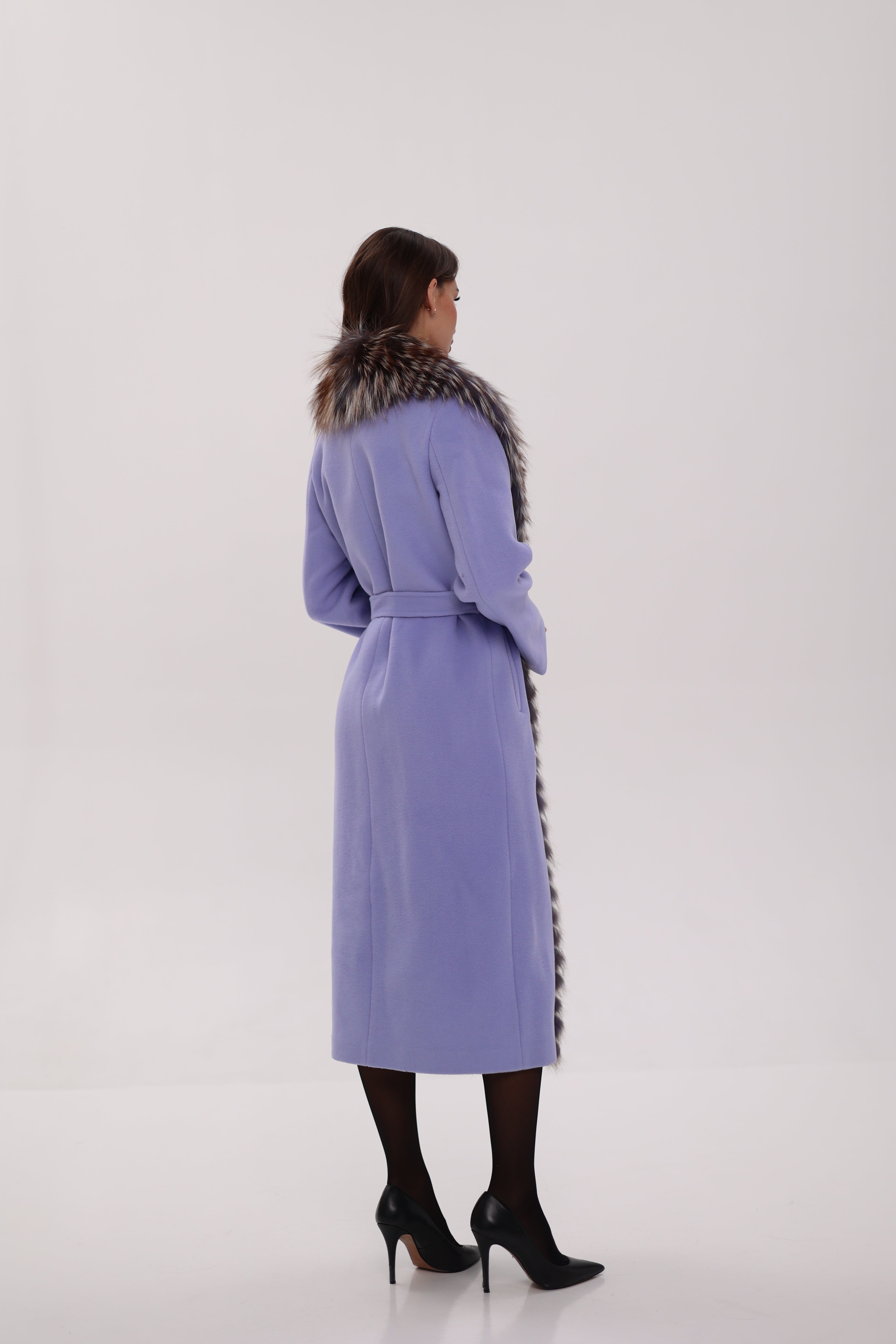 Genuine Silver Fox Virgin Wool Wrap Coat in Lavender - Energize Trek