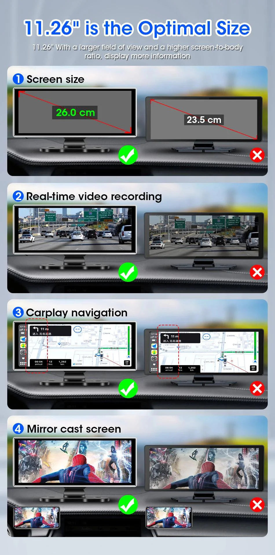 11.26 inch Car DVR 4K Dash Cam Dual Lens Wireless Carplay & Android Auto Video Recorder Monitor GPS Navigation 5G Wifi FM AUX - Energize Trek