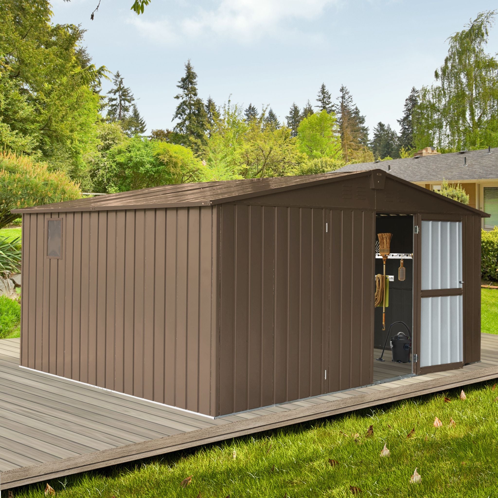 [11X12FT] Outdoor Backyard Storage Metal Shed With Galvanized Steel Frame, Windows, And Lockable Doors (SAK60167) - Energize Trek