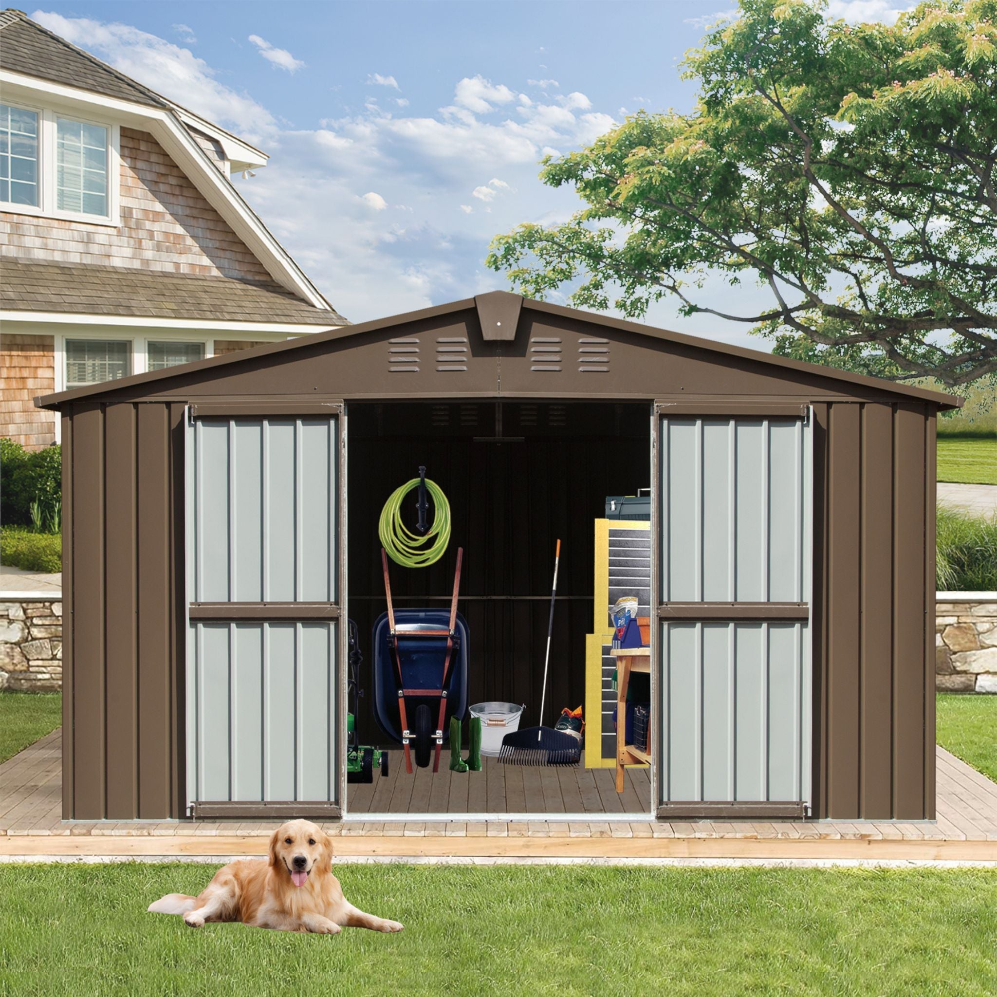 [11X12FT] Outdoor Backyard Storage Metal Shed With Galvanized Steel Frame, Windows, And Lockable Doors (SAK60167) - Energize Trek