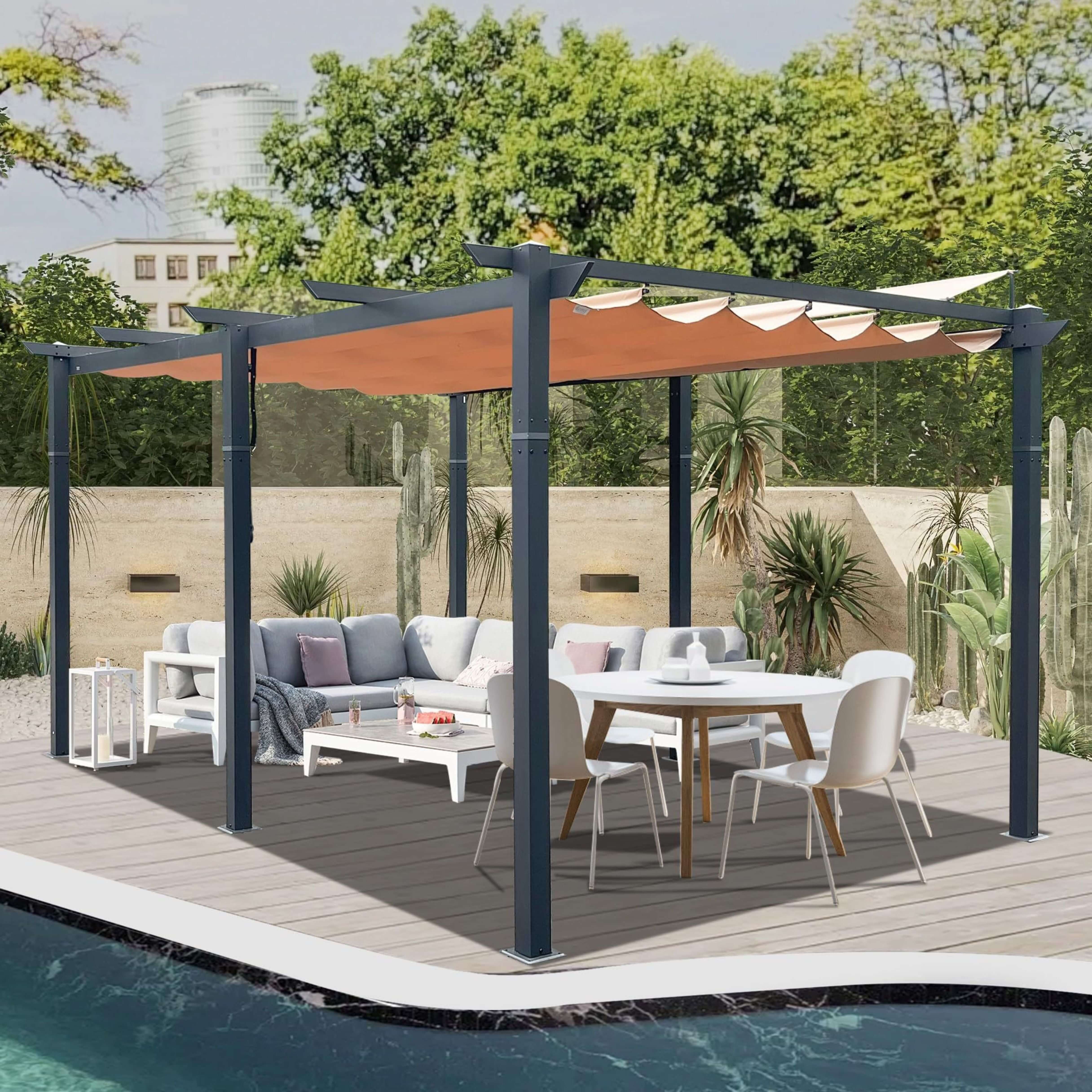 [11X16FT] Heavy-Duty Outdoor Retractable Aluminum Pergola With Weather-Resistant Canopy (SAK91853) - Energize Trek