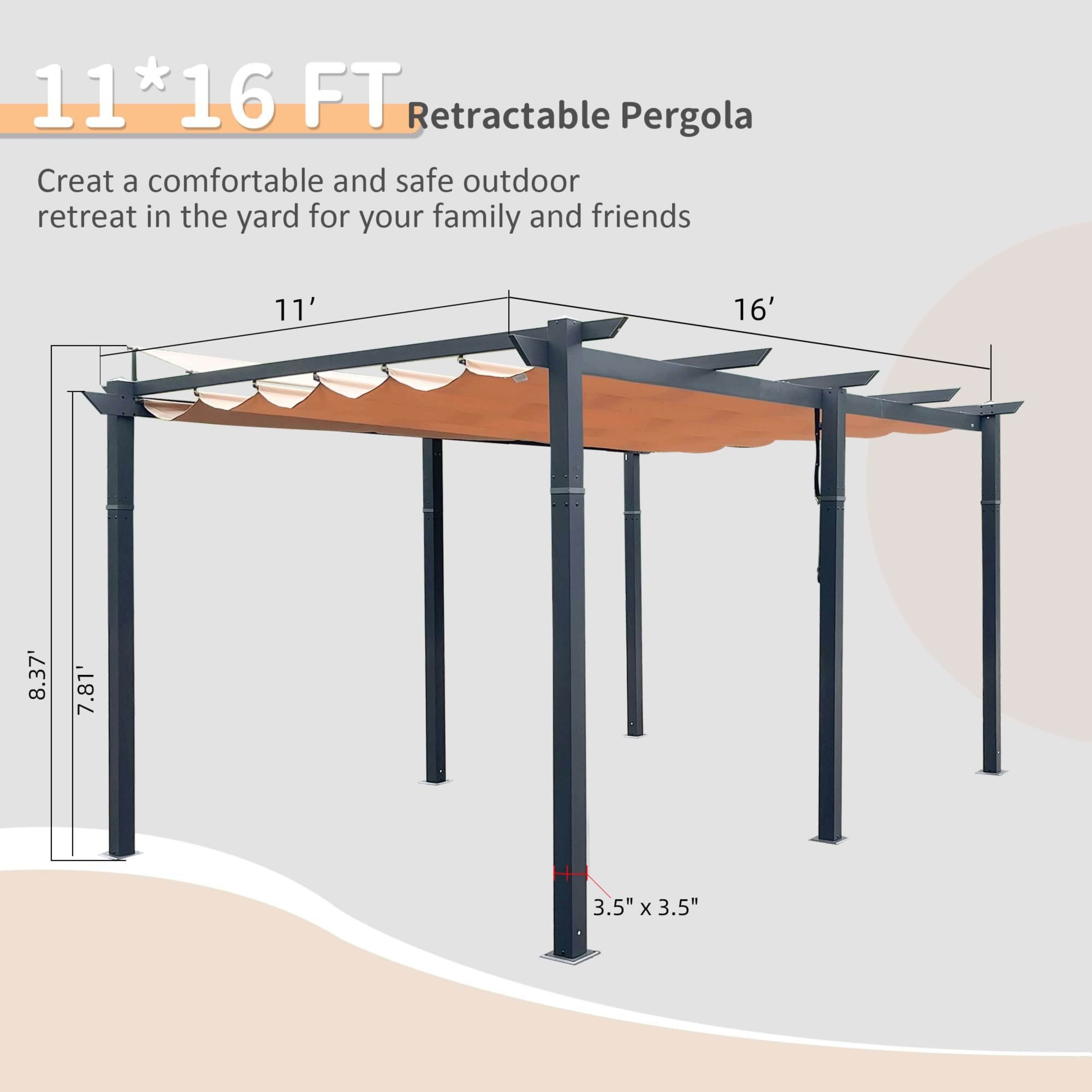 [11X16FT] Heavy-Duty Outdoor Retractable Aluminum Pergola With Weather-Resistant Canopy (SAK91853) - Energize Trek
