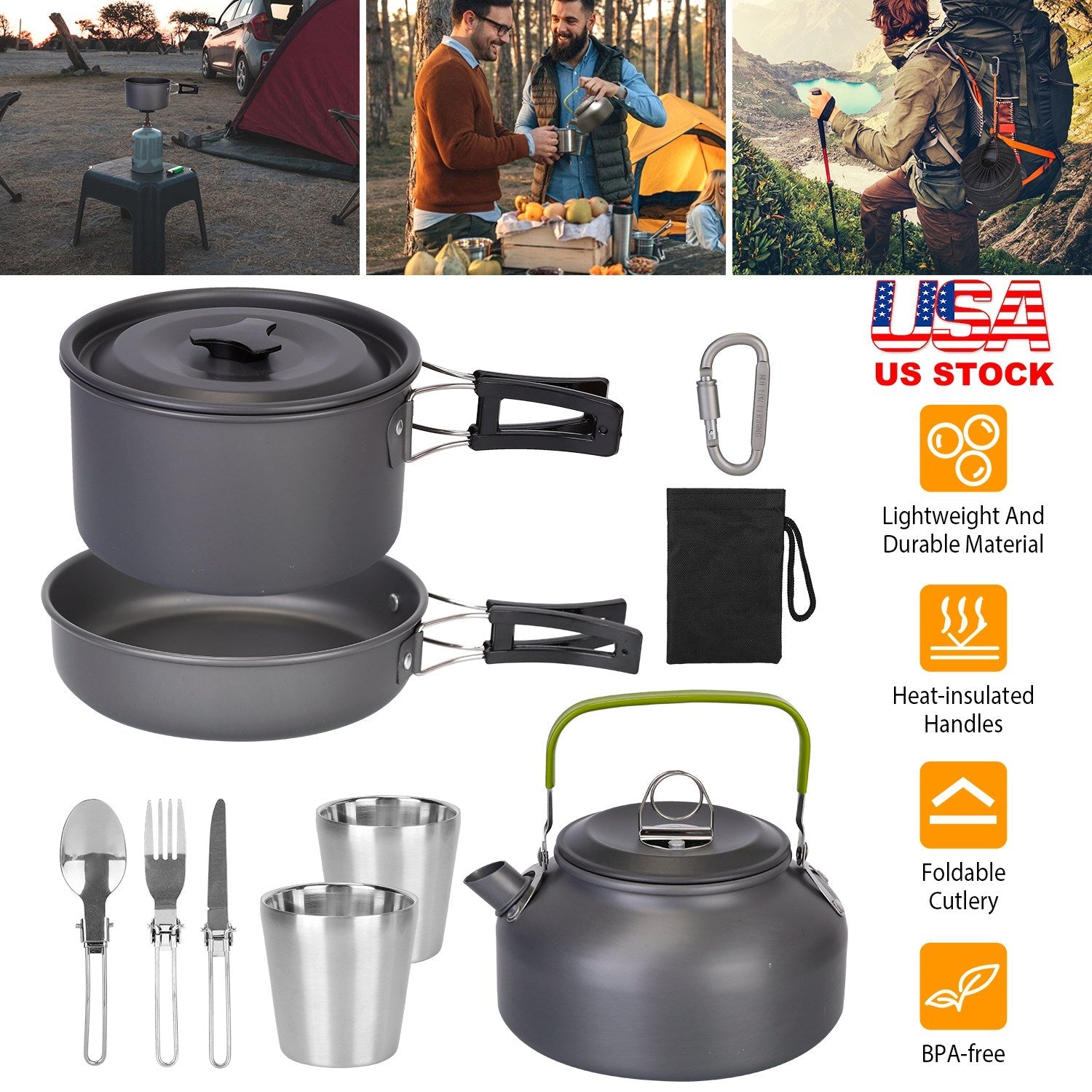 12Pcs Camping Cookware Set Camping Stove Aluminum Pot Pans Kit for Hiking Picnic Outdoor with Cup Fork Spoon Knife - Energize Trek