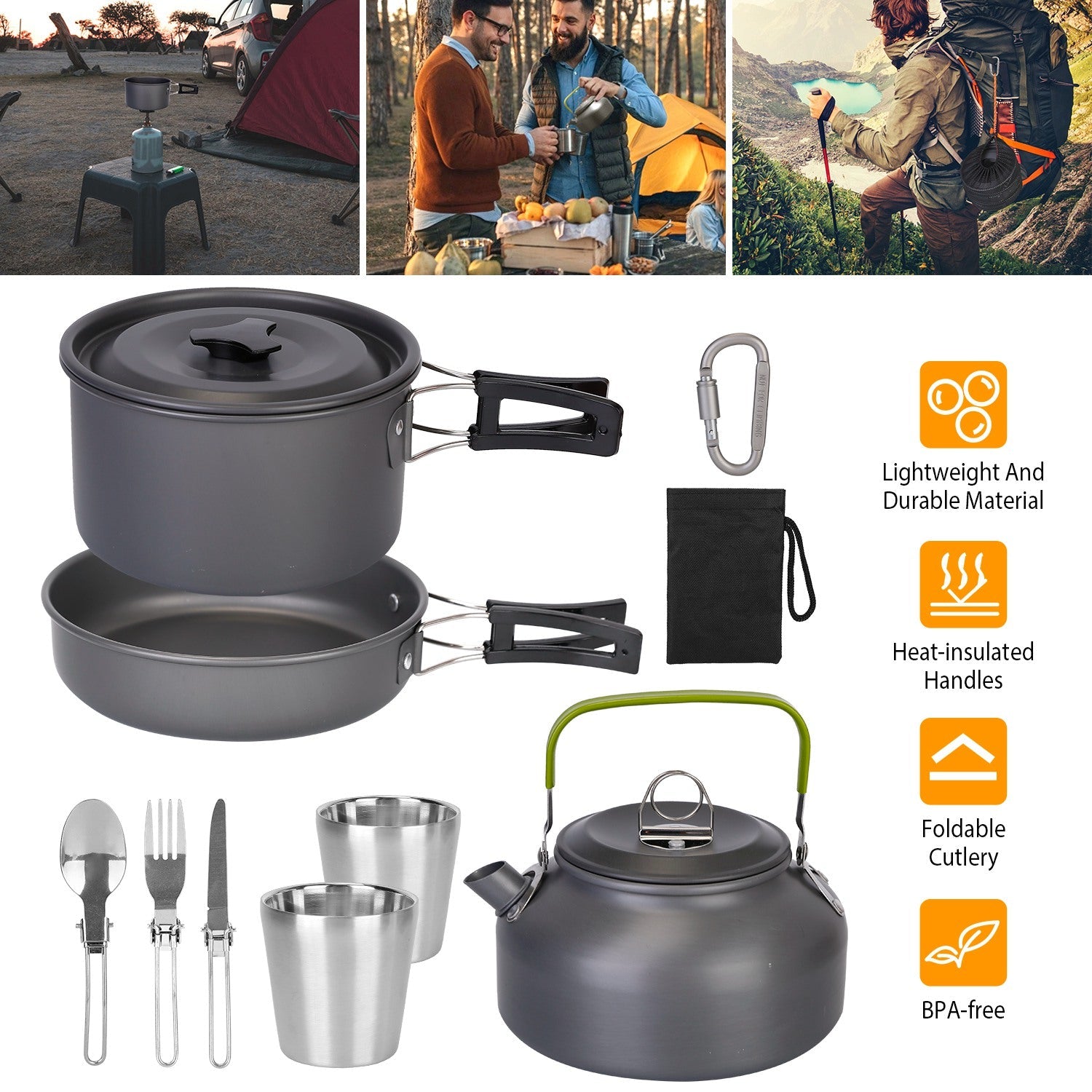 12Pcs Camping Cookware Set Camping Stove Aluminum Pot Pans Kit for Hiking Picnic Outdoor with Cup Fork Spoon Knife - Energize Trek