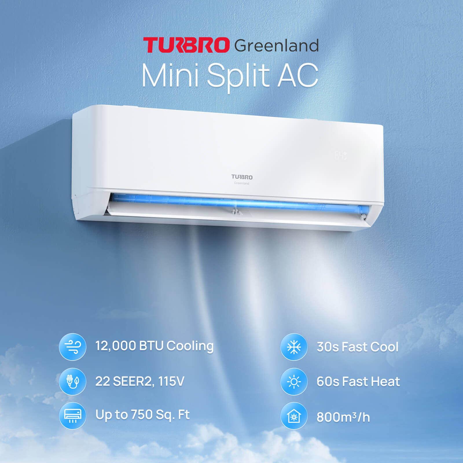 Greenland 12,000 BTU WiFi Ductless Mini Split AC with Heat Pump (R454B Refrigerant) - Energize Trek