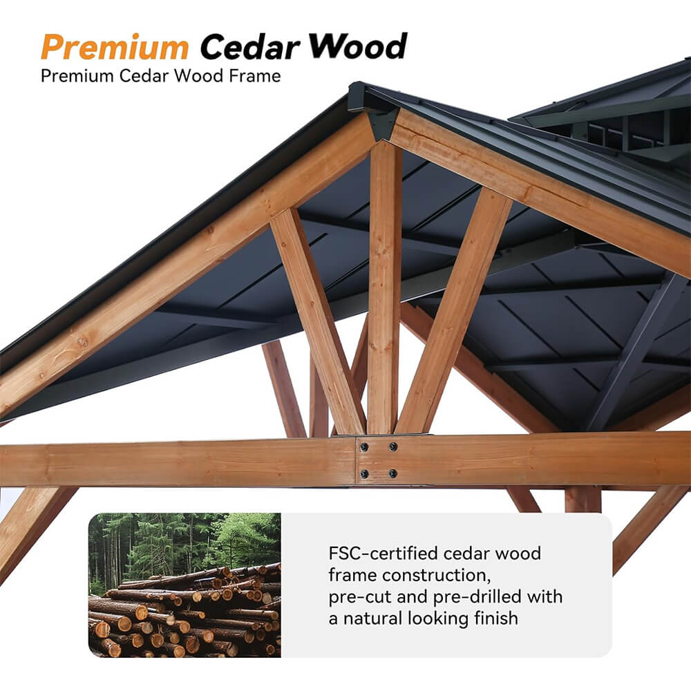 [12x12FT] Premium Outdoor Cedar Wood Hardtop Gazebo With Galvanized Steel Roof (SAK31864) - Energize Trek