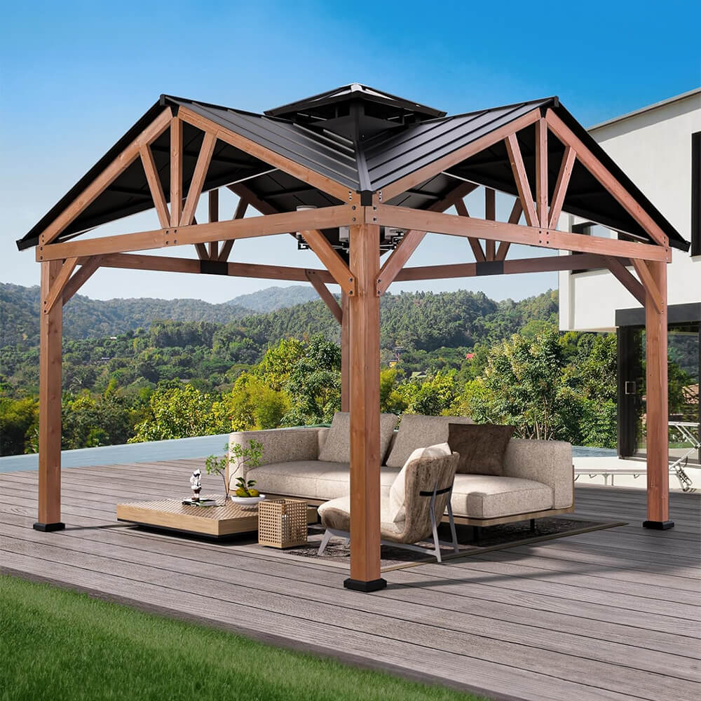 [12x12FT] Premium Outdoor Cedar Wood Hardtop Gazebo With Galvanized Steel Roof (SAK31864) - Energize Trek