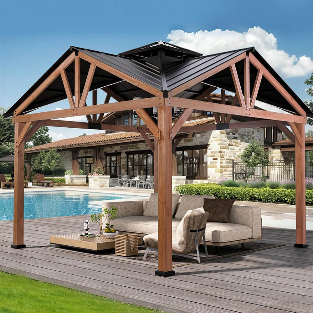 [12x12FT] Premium Outdoor Cedar Wood Hardtop Gazebo With Galvanized Steel Roof (SAK31864) - Energize Trek