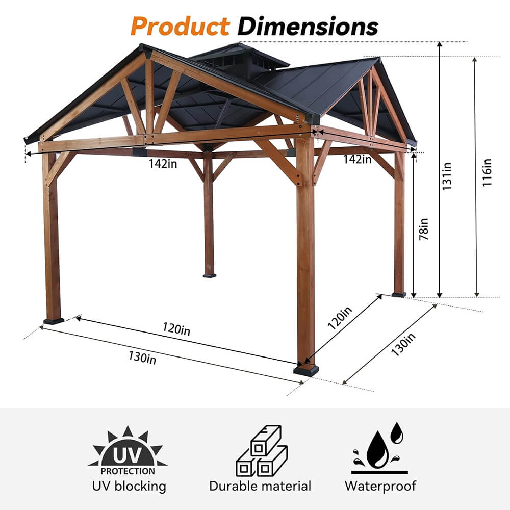 [12x12FT] Premium Outdoor Cedar Wood Hardtop Gazebo With Galvanized Steel Roof (SAK31864) - Energize Trek
