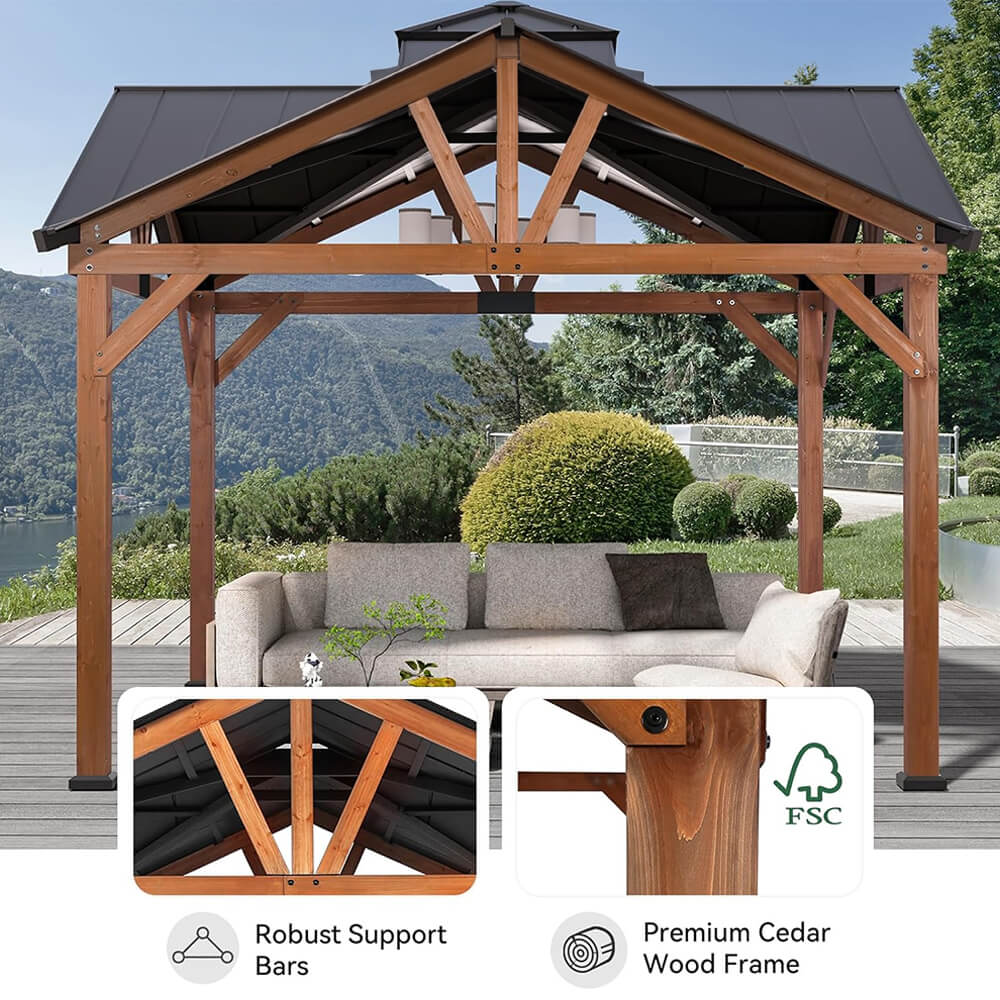 [12x12FT] Premium Outdoor Cedar Wood Hardtop Gazebo With Galvanized Steel Roof (SAK31864) - Energize Trek