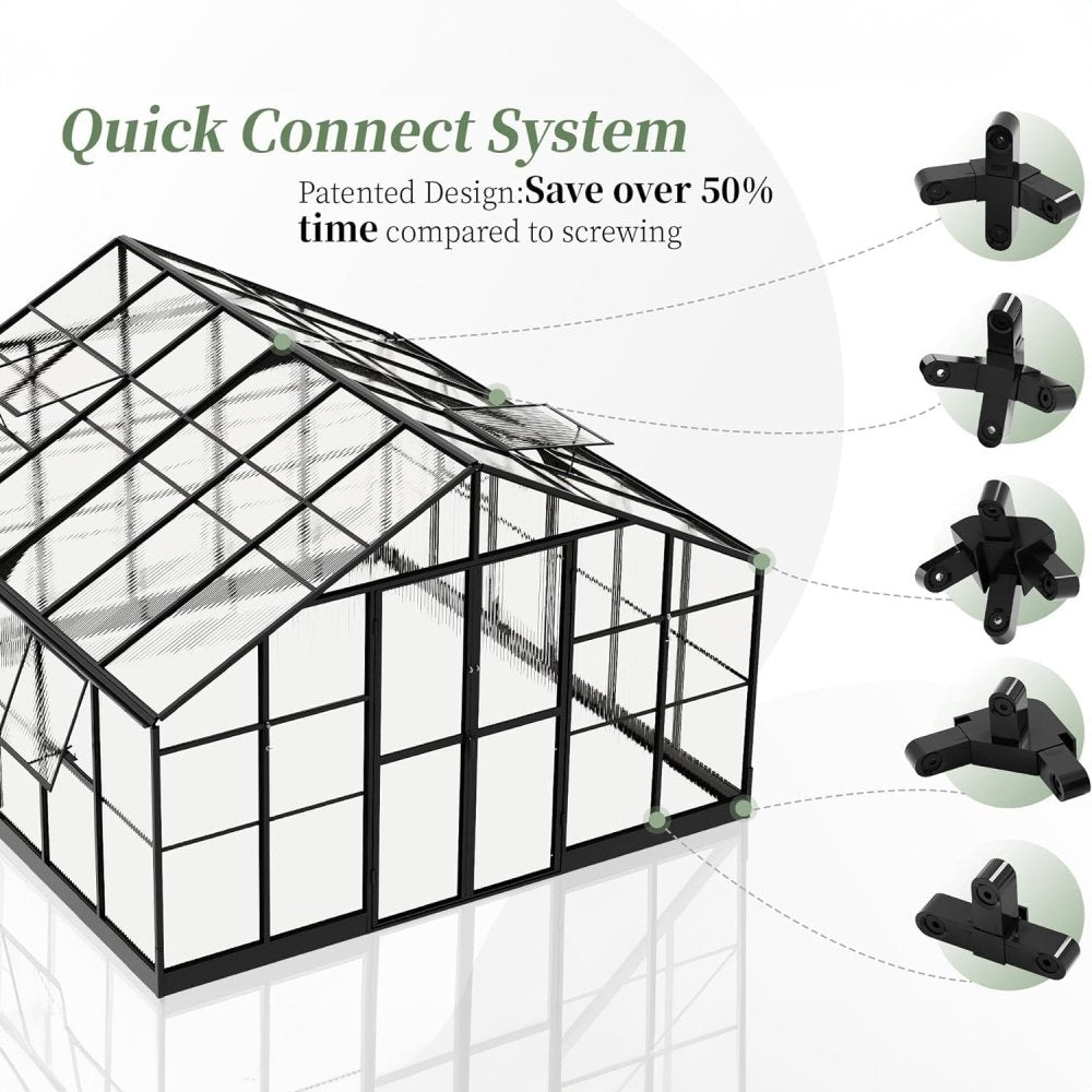 [12x13.5FT] Premium Extra Large Outdoor Aluminum Poylcarbonate Greenhouse With Quick Connect Fitting (SAK63725) - Energize Trek