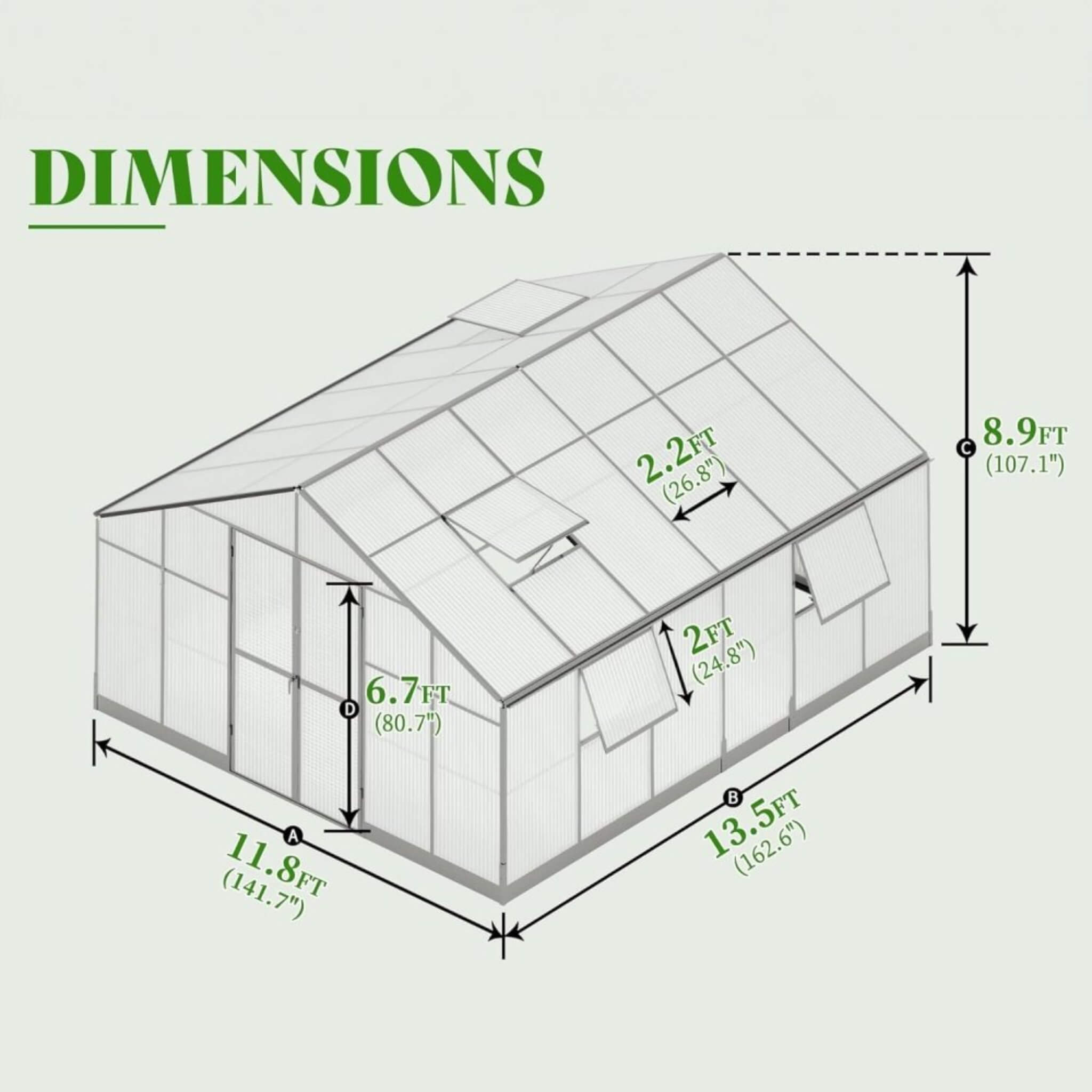 [12x13.5FT] Premium Extra Large Outdoor Aluminum Poylcarbonate Greenhouse With Quick Connect Fitting (SAK63725) - Energize Trek