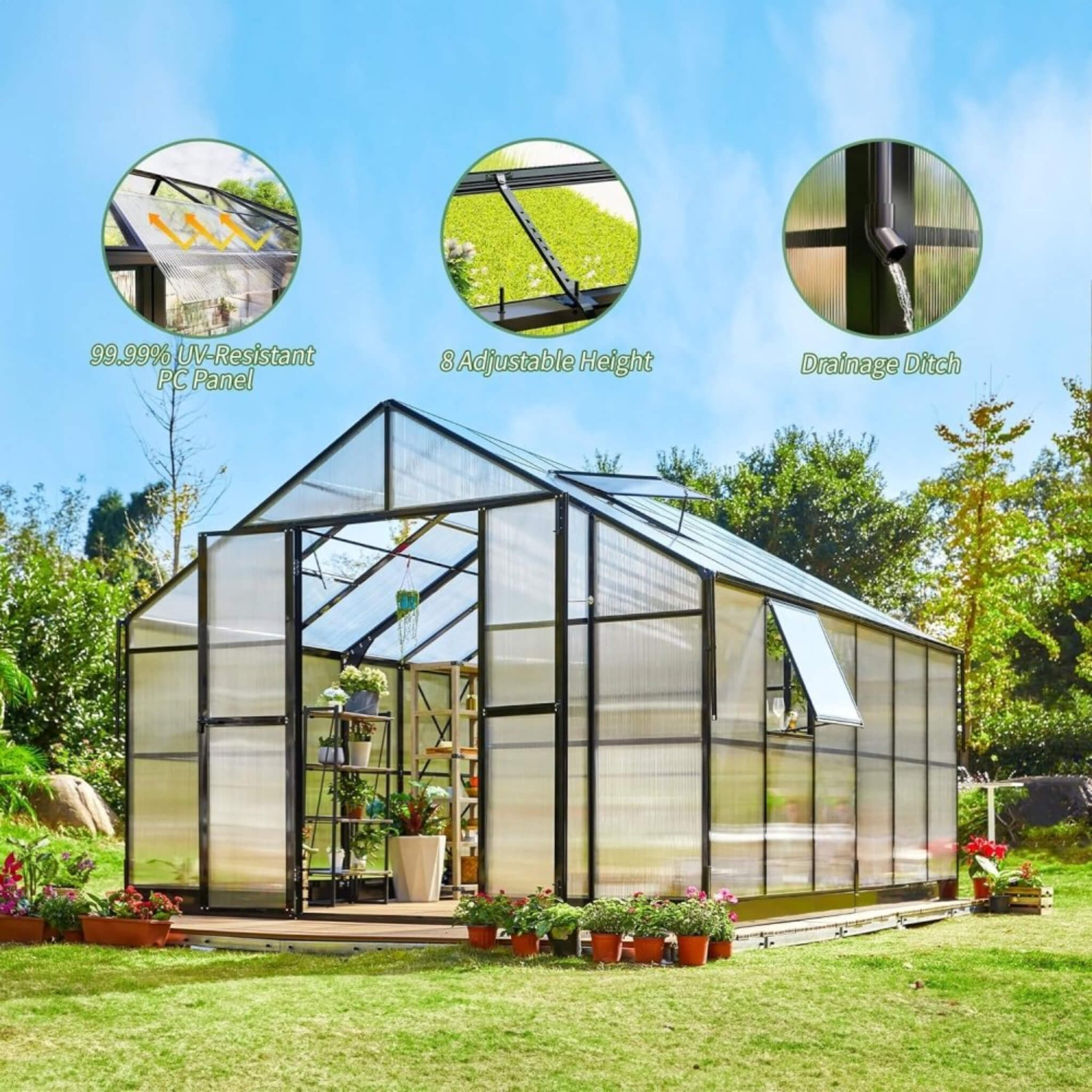 [12x13.5FT] Premium Extra Large Outdoor Aluminum Poylcarbonate Greenhouse With Quick Connect Fitting (SAK63725) - Energize Trek
