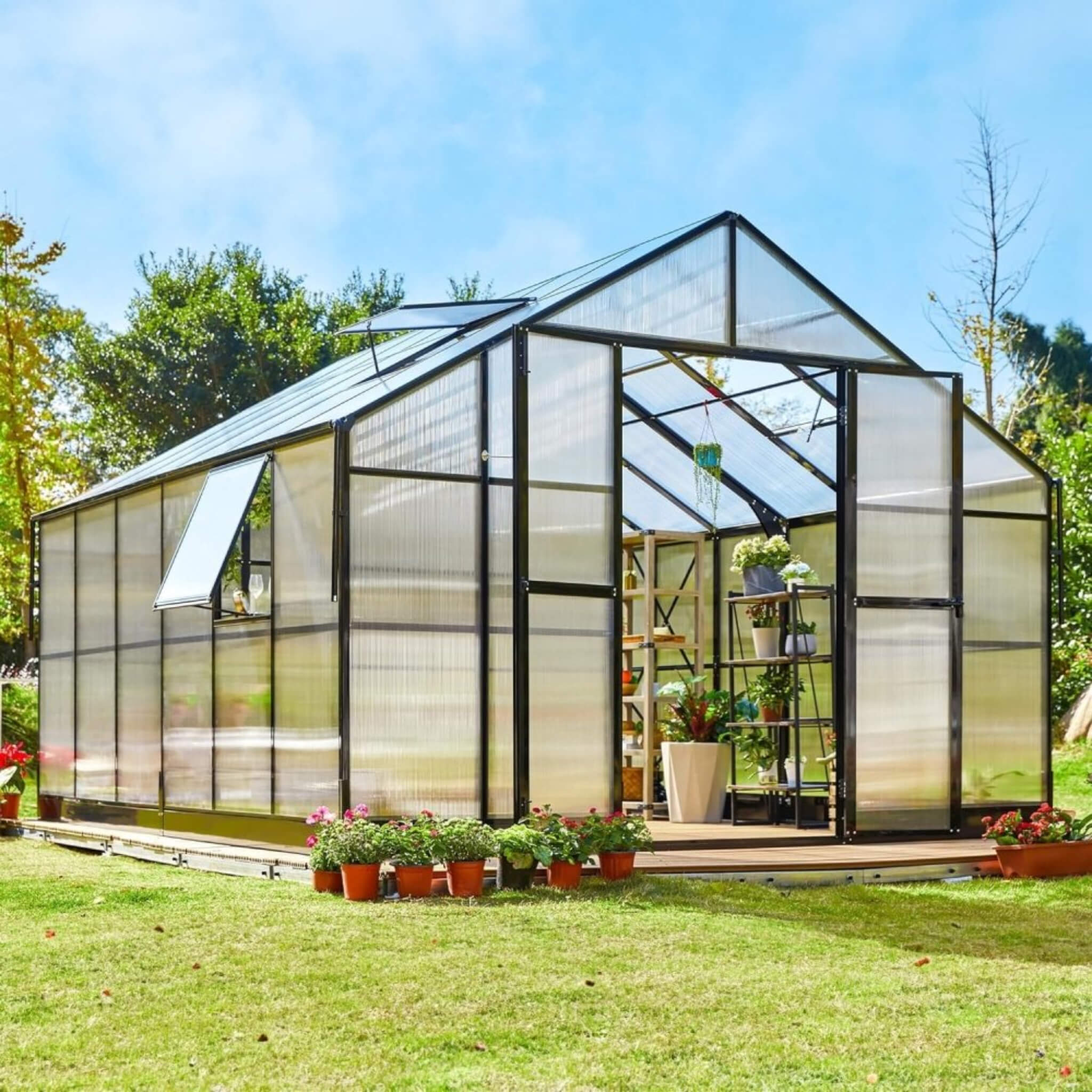 [12x13.5FT] Premium Extra Large Outdoor Aluminum Poylcarbonate Greenhouse With Quick Connect Fitting (SAK63725) - Energize Trek