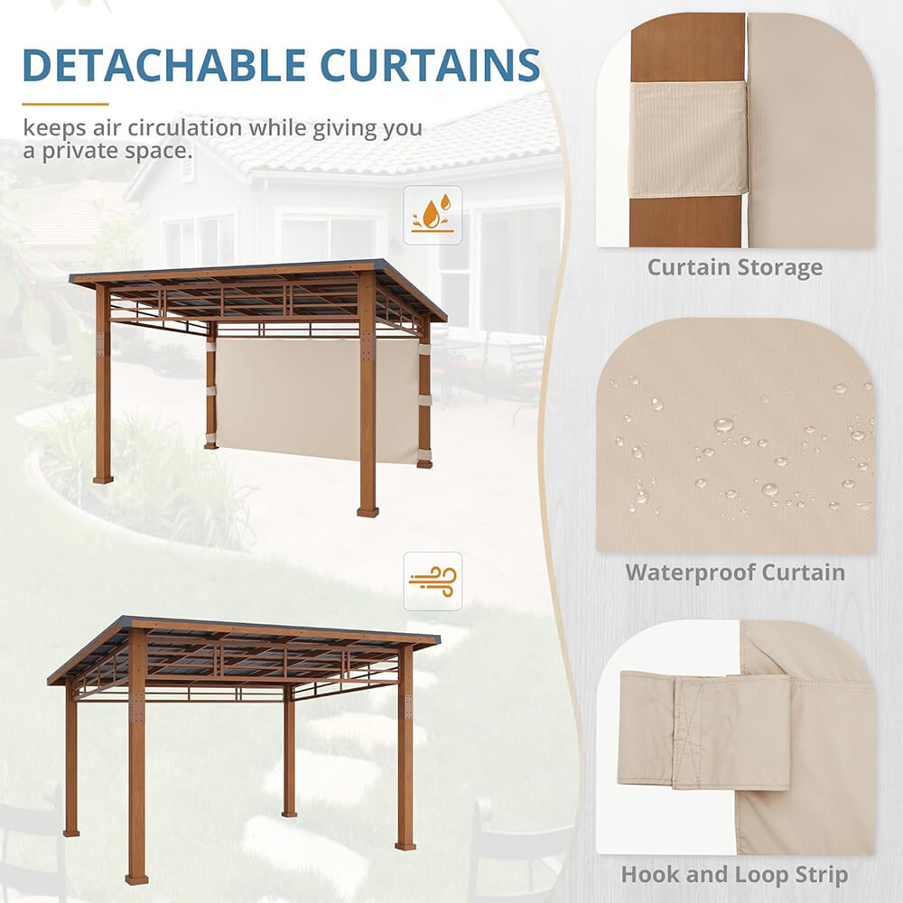 [12x14] Heavy Duty Outdoor Hardtop Wood Frame Gazebo Canopy With Metal Roof & Curtains (SAK43625) - Energize Trek