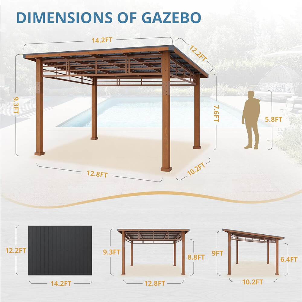 [12x14] Heavy Duty Outdoor Hardtop Wood Frame Gazebo Canopy With Metal Roof & Curtains (SAK43625) - Energize Trek
