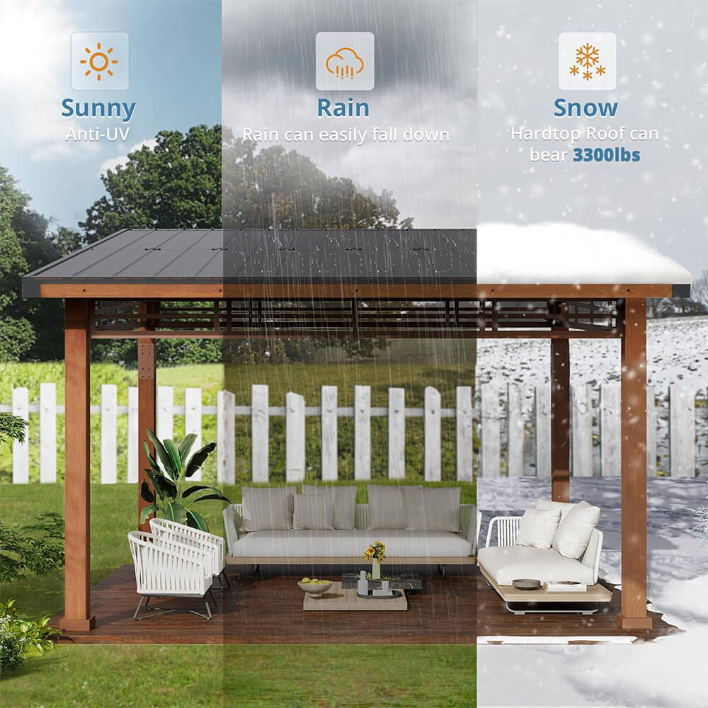 [12x14] Heavy Duty Outdoor Hardtop Wood Frame Gazebo Canopy With Metal Roof & Curtains (SAK43625) - Energize Trek