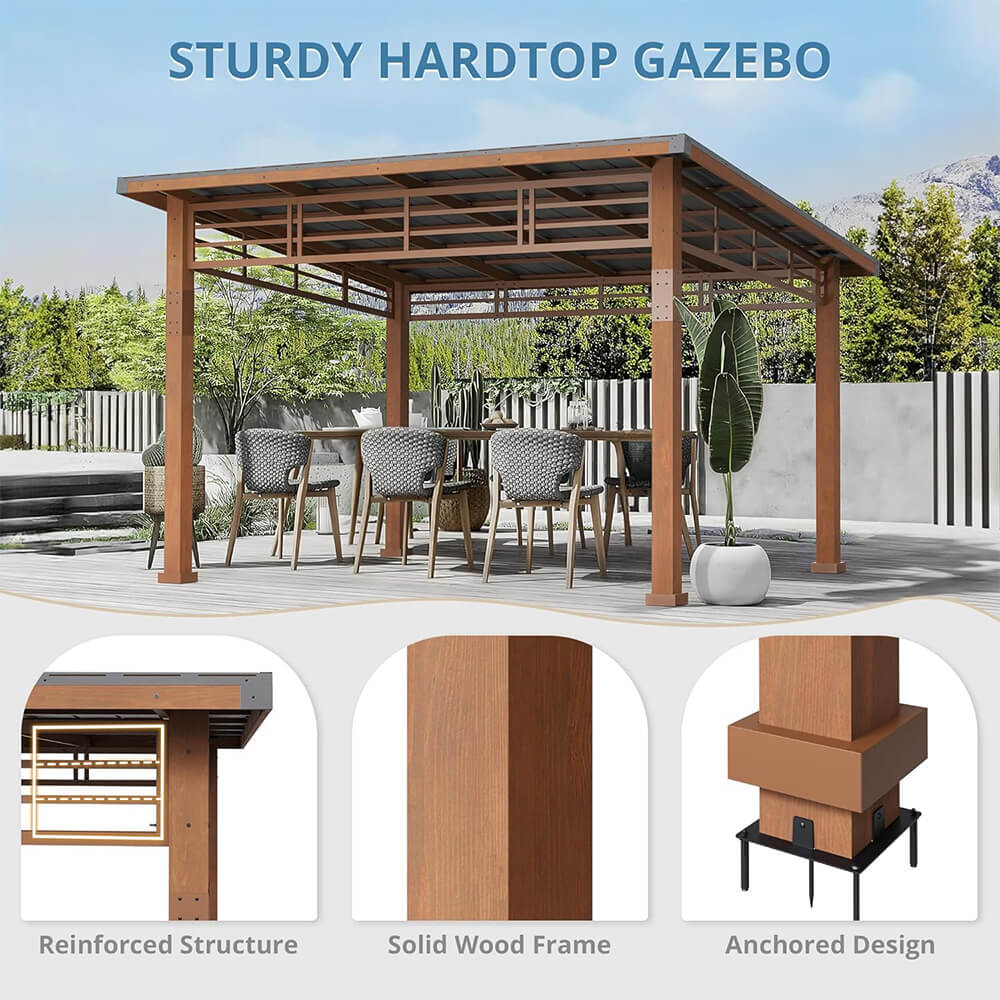 [12x14] Heavy Duty Outdoor Hardtop Wood Frame Gazebo Canopy With Metal Roof & Curtains (SAK43625) - Energize Trek