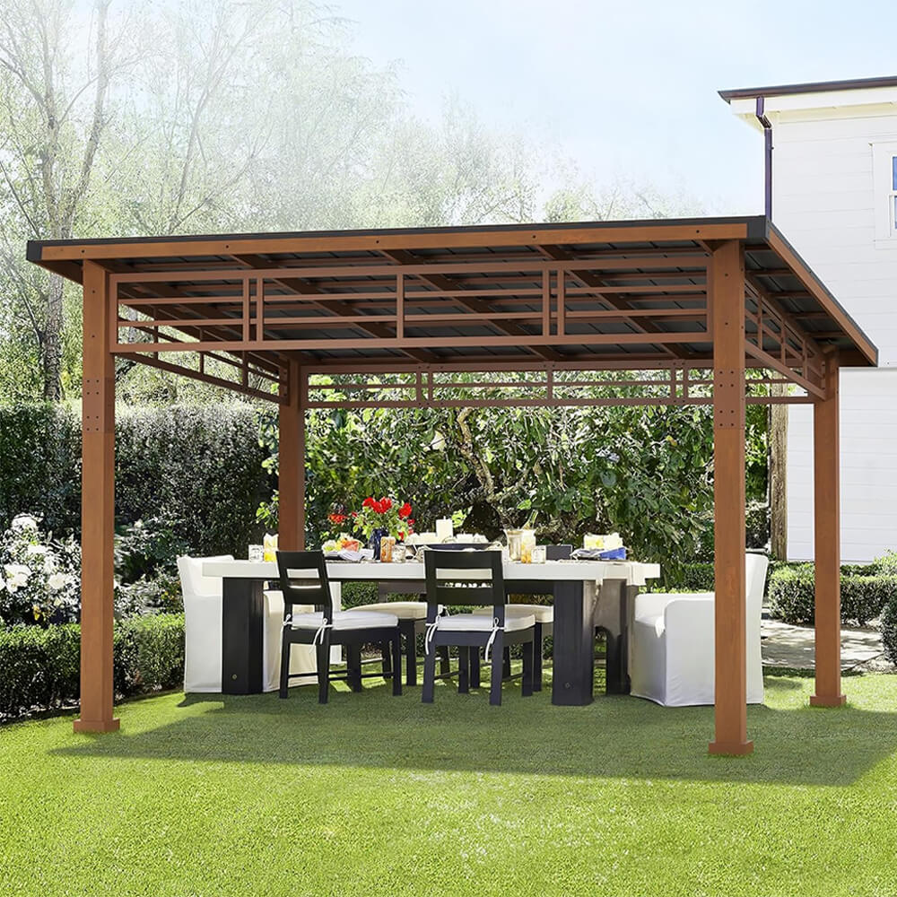 [12x14] Heavy Duty Outdoor Hardtop Wood Frame Gazebo Canopy With Metal Roof & Curtains (SAK43625) - Energize Trek