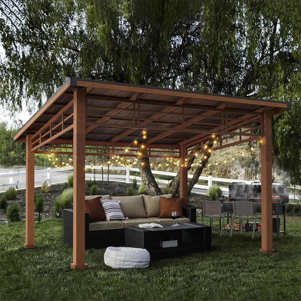 [12x14] Heavy Duty Outdoor Hardtop Wood Frame Gazebo Canopy With Metal Roof & Curtains (SAK43625) - Energize Trek
