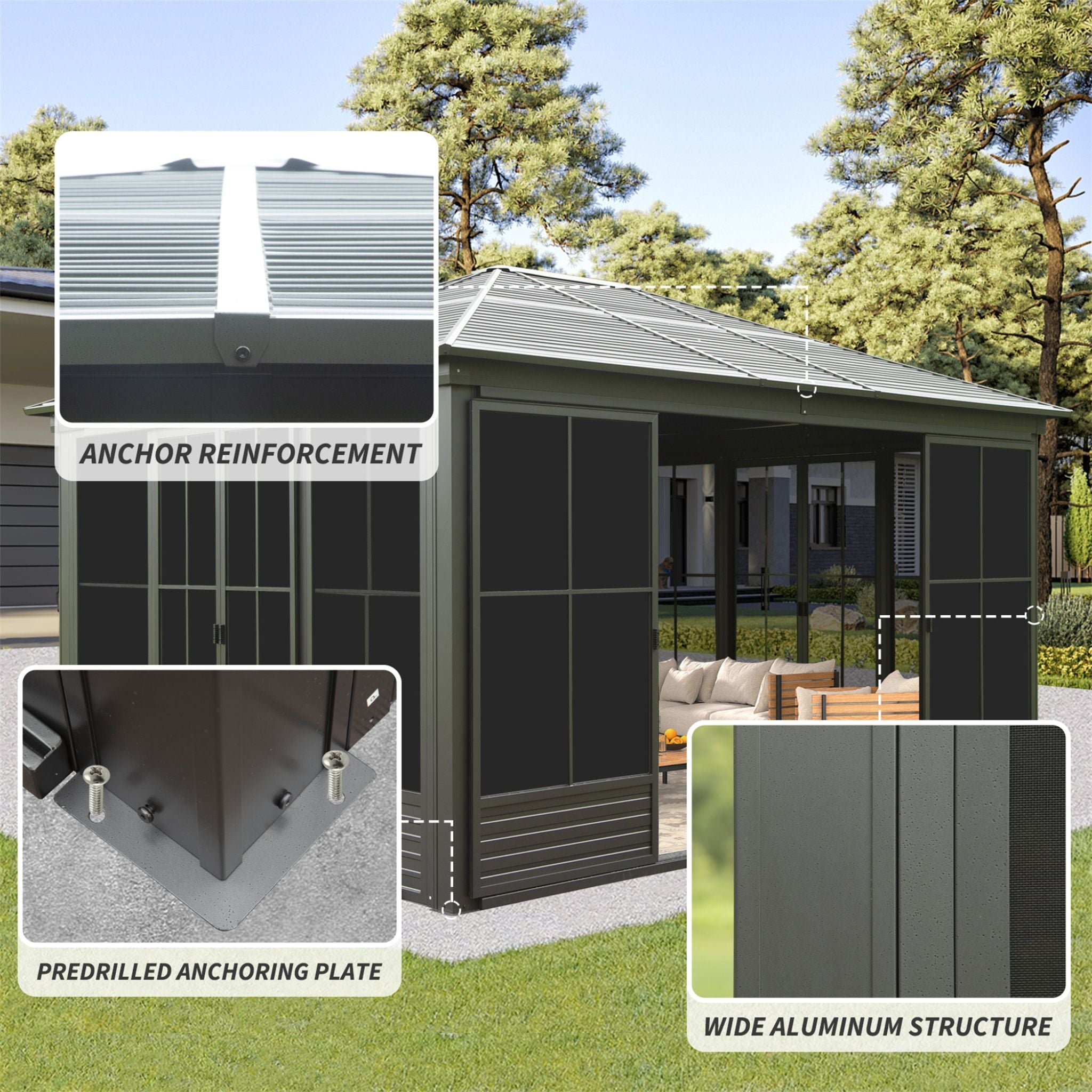 [12X14FT] Premium All-Weather Outdoor Aluminum Sunroom With Galvanized Steel Hardtop Sloping Roof, Lockable Doors, And Moveable PC Screens (SAK76831) - Energize Trek