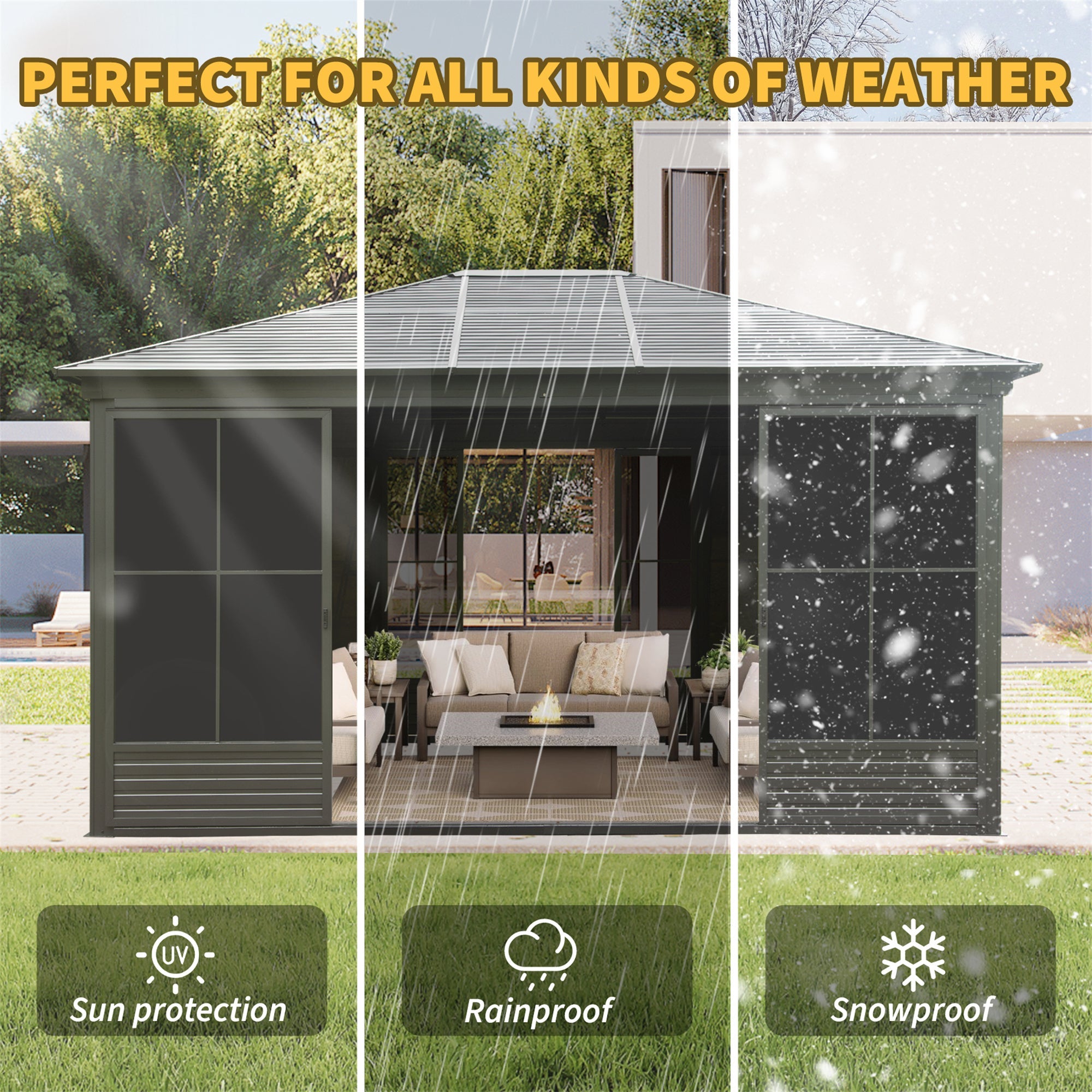 [12X14FT] Premium All-Weather Outdoor Aluminum Sunroom With Galvanized Steel Hardtop Sloping Roof, Lockable Doors, And Moveable PC Screens (SAK76831) - Energize Trek
