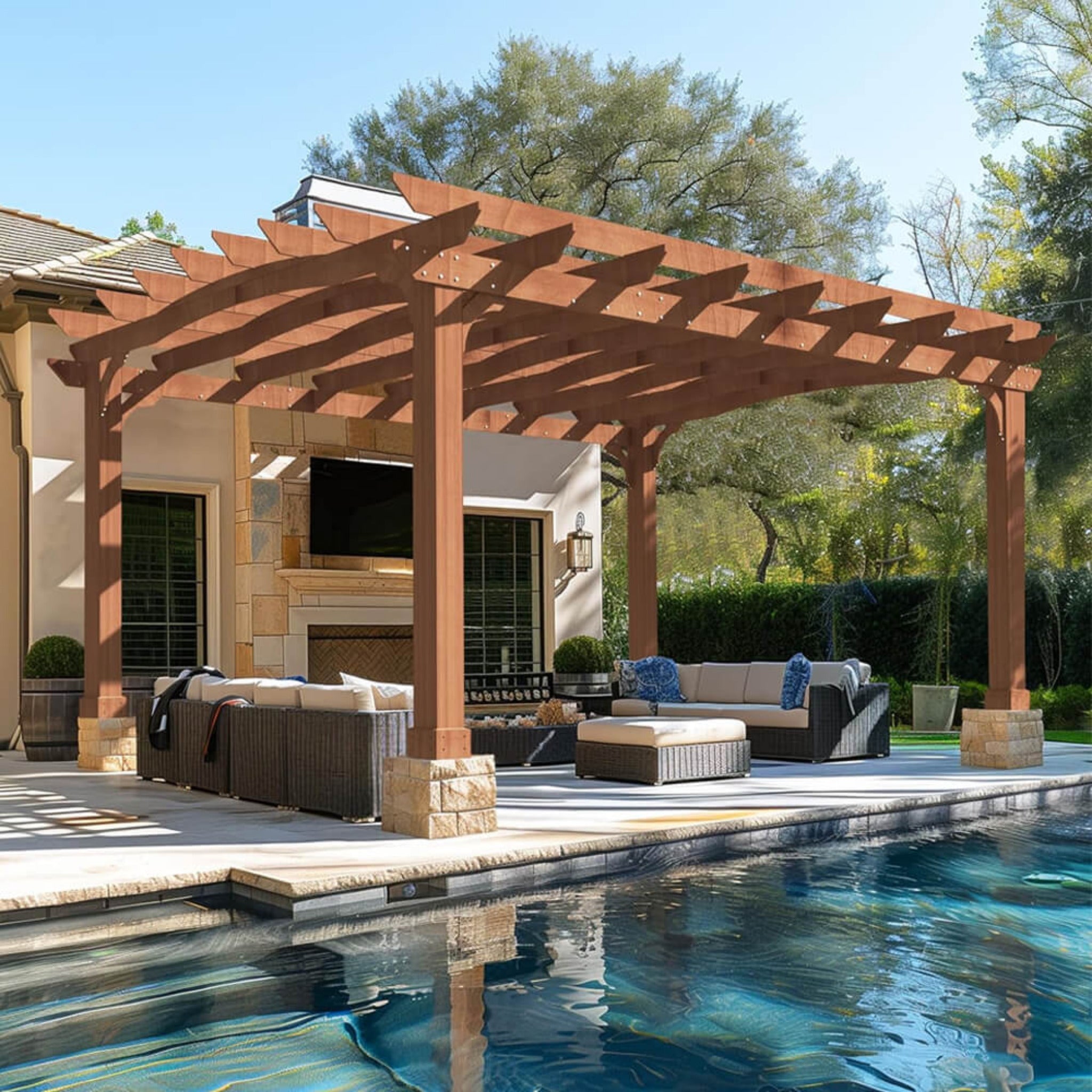 [12x14FT] Luxury Outdoor All-Season Backyard Cedar Wood Gazebo Pergola With Arched Roof And Stakes For Patios (SAK68194) - Energize Trek