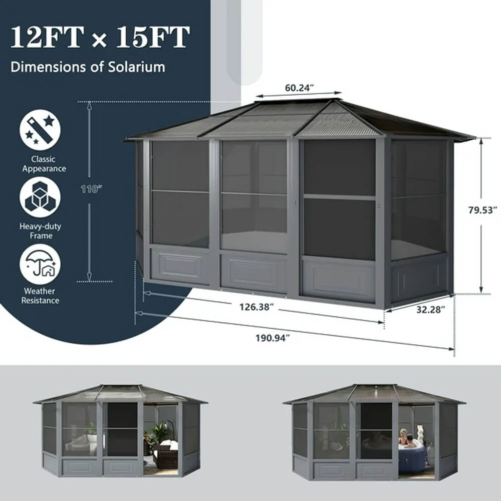 [12x15FT] Extra Large Premium Outdoor All-Season Polycarbonate Hardtop Solarium Sunroom With Sliding Doors (SAK69584) - Energize Trek