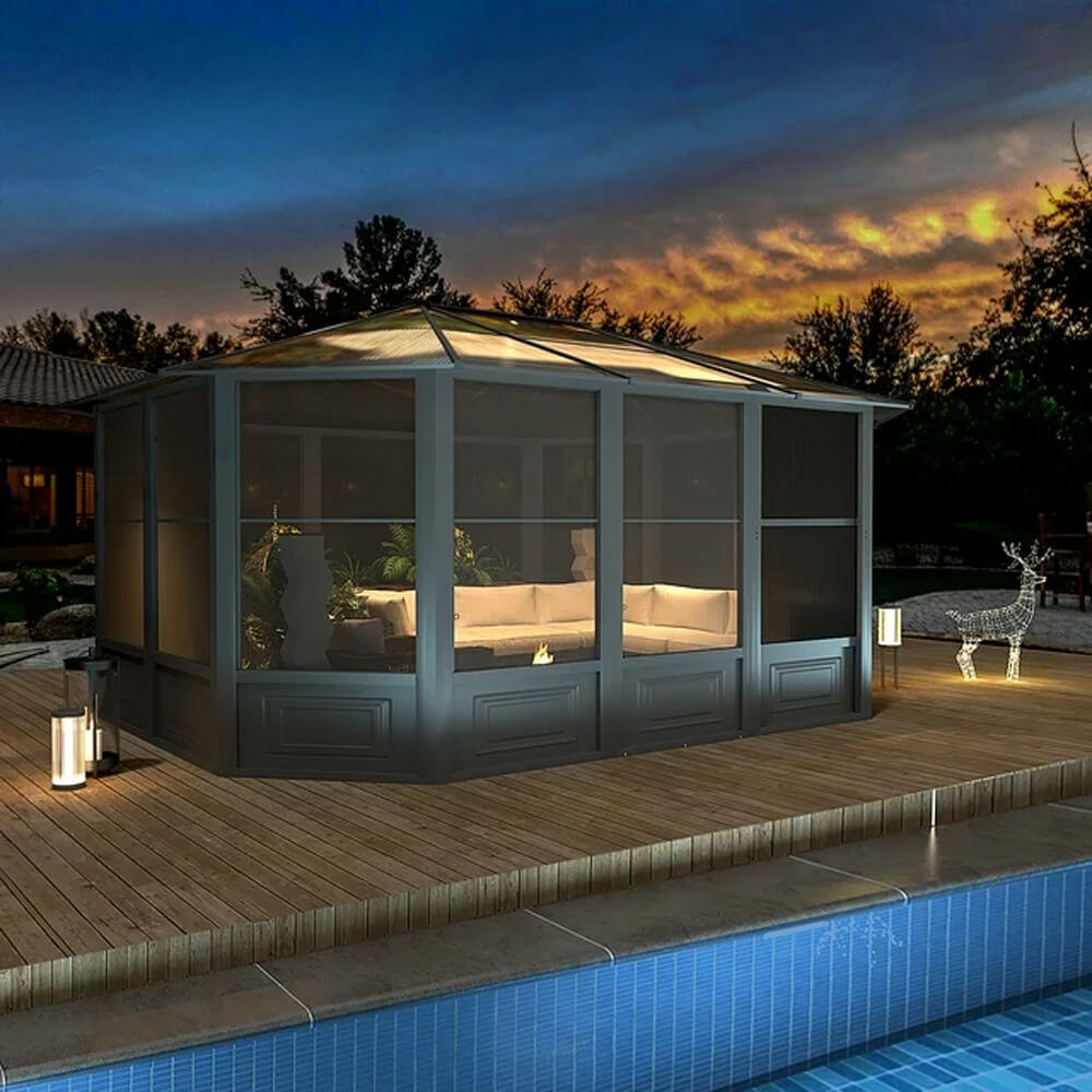 [12x15FT] Extra Large Premium Outdoor All-Season Polycarbonate Hardtop Solarium Sunroom With Sliding Doors (SAK69584) - Energize Trek