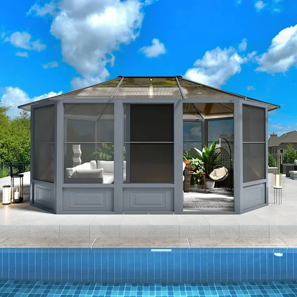 [12x15FT] Extra Large Premium Outdoor All-Season Polycarbonate Hardtop Solarium Sunroom With Sliding Doors (SAK69584) - Energize Trek