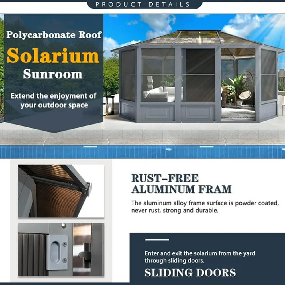 [12x15FT] Extra Large Premium Outdoor All-Season Polycarbonate Hardtop Solarium Sunroom With Sliding Doors (SAK69584) - Energize Trek