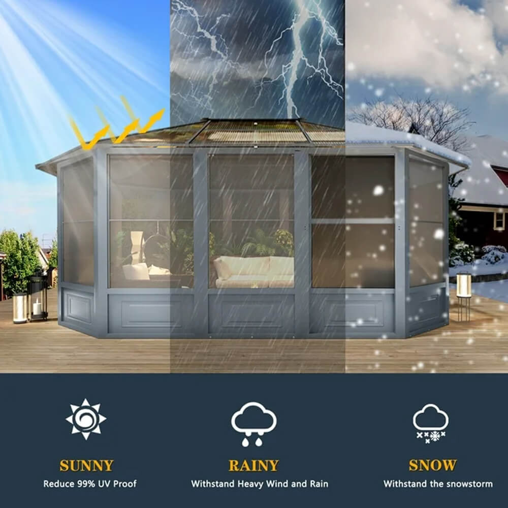 [12x15FT] Extra Large Premium Outdoor All-Season Polycarbonate Hardtop Solarium Sunroom With Sliding Doors (SAK69584) - Energize Trek