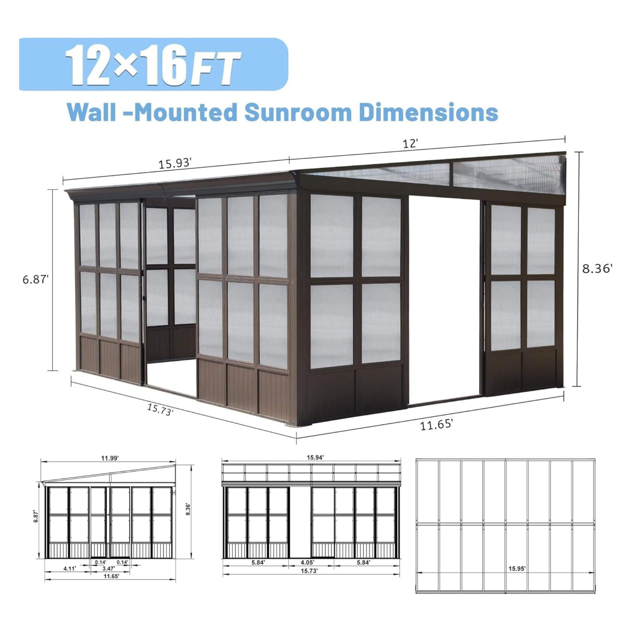 [12x16FT] Extra Large All-Season Outdoor Wall-Mounted Sunroom Solarium With Detachable Polycarbonate Windows And Lockable Sliding Doors (SAK97835) - Energize Trek
