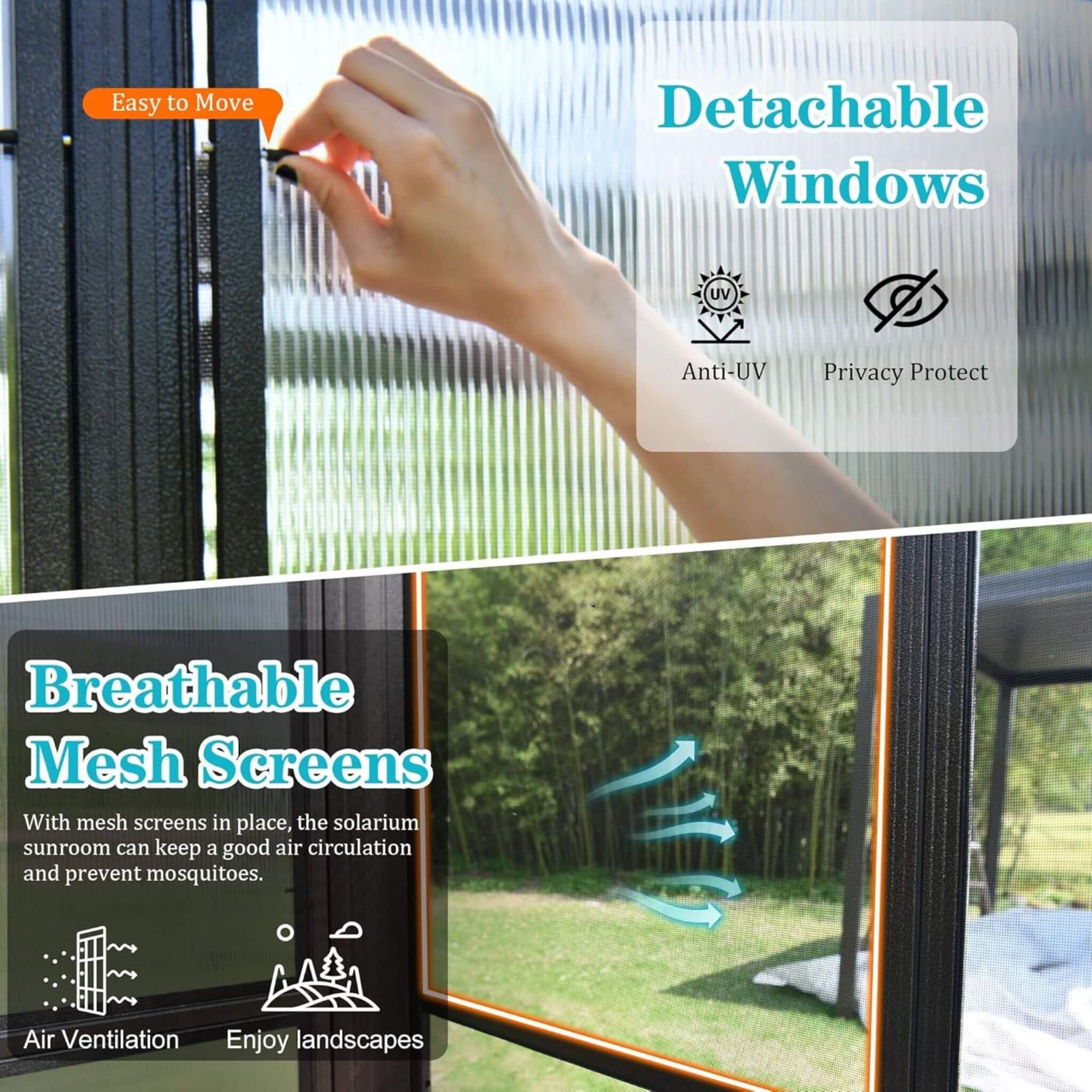 [12x16FT] Extra Large All-Season Outdoor Wall-Mounted Sunroom Solarium With Detachable Polycarbonate Windows And Lockable Sliding Doors (SAK97835) - Energize Trek
