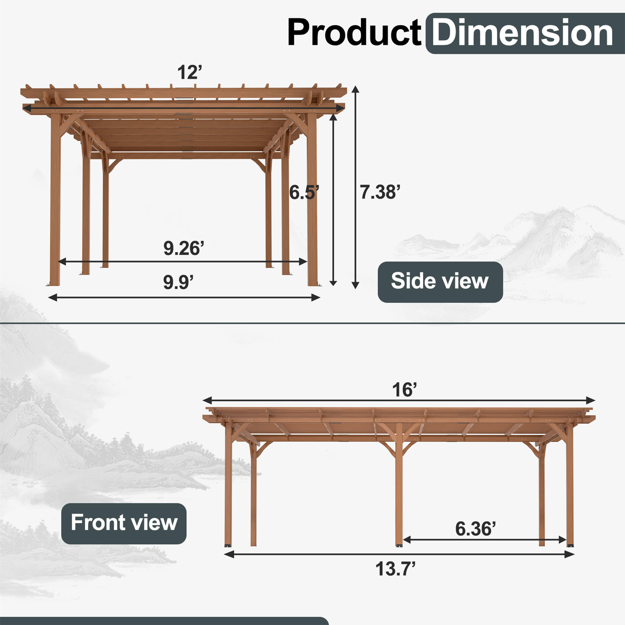 [12x16FT] Extra Large Outdoor Wooden Waterproof Grape Gazebo, Brown (SAK76476) - Energize Trek