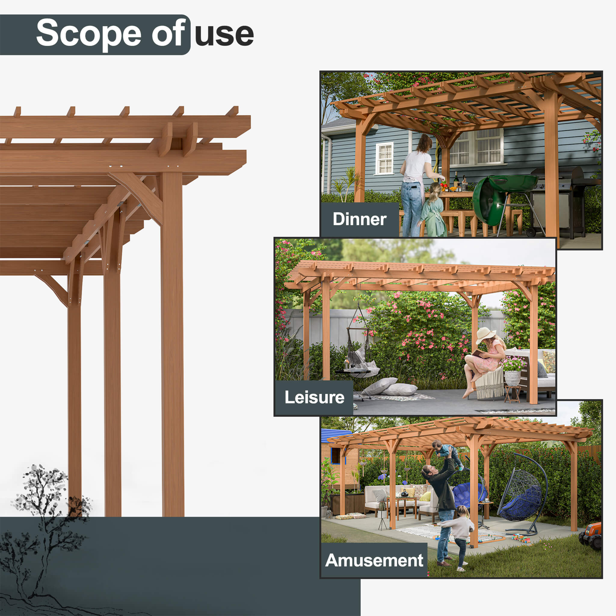 [12x16FT] Extra Large Outdoor Wooden Waterproof Grape Gazebo, Brown (SAK76476) - Energize Trek