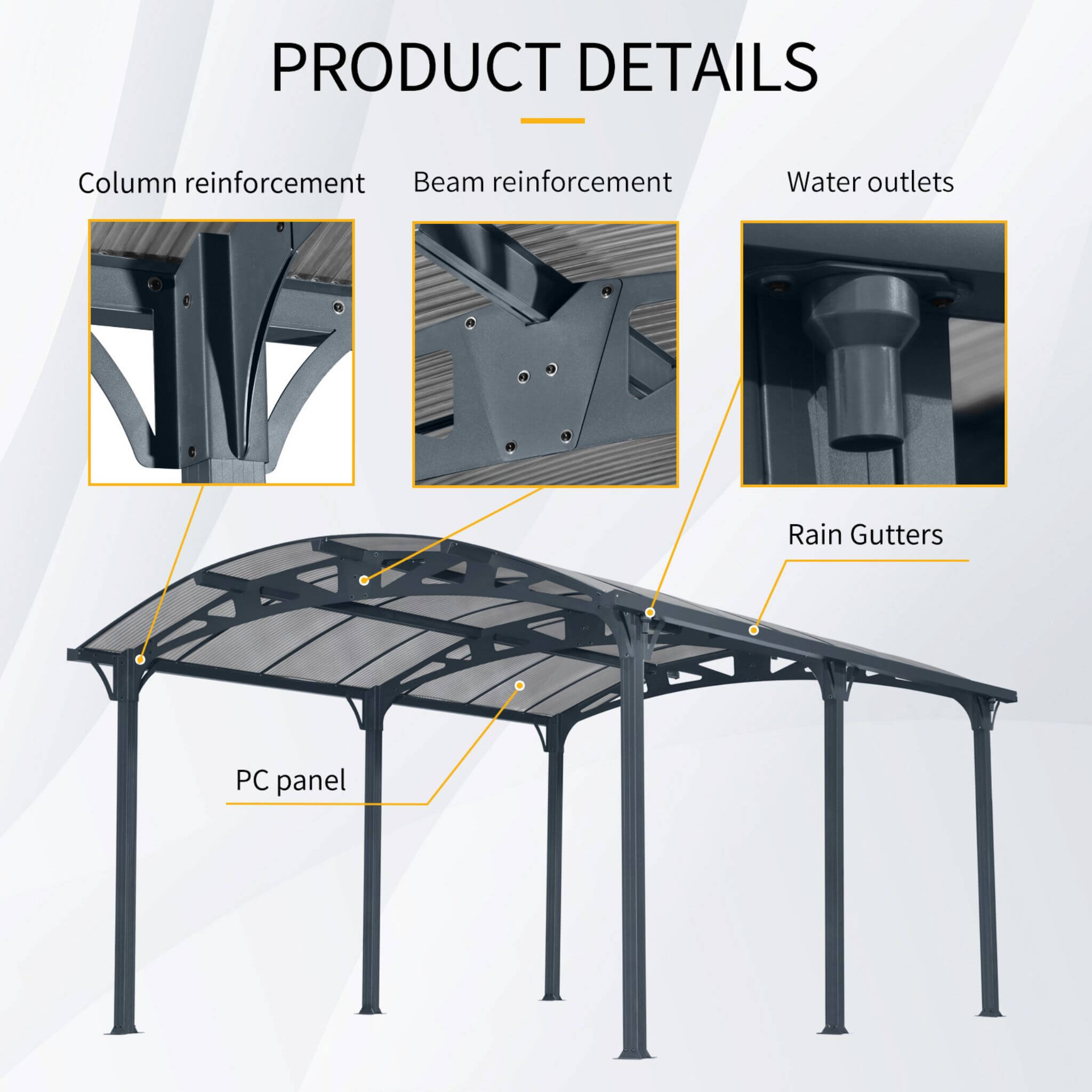 [12X16FT] Large Outdoor Aluminum Arch Carport With Polycarbonate Panels (SAK65820) - Energize Trek