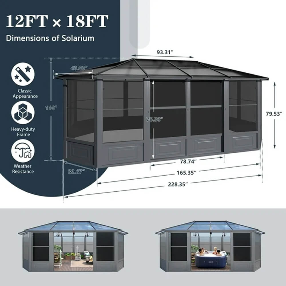 [12x18FT] Large Luxury Outdoor All-Season Aluminum Solarium Sunroom With Polycarbonate Hardtop And Sliding Doors (SAK35948) - Energize Trek