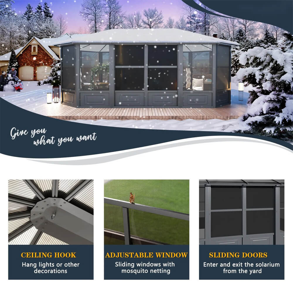 [12x18FT] Large Luxury Outdoor All-Season Aluminum Solarium Sunroom With Polycarbonate Hardtop And Sliding Doors (SAK35948) - Energize Trek