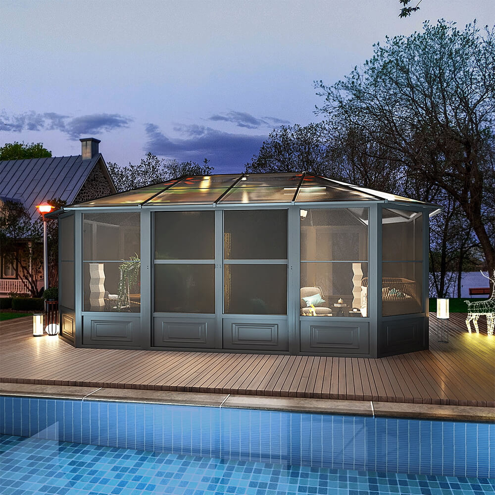 [12x18FT] Large Luxury Outdoor All-Season Aluminum Solarium Sunroom With Polycarbonate Hardtop And Sliding Doors (SAK35948) - Energize Trek