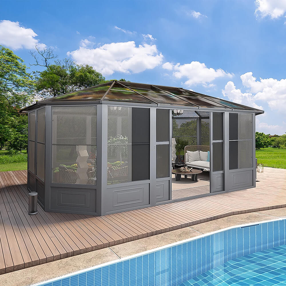 [12x18FT] Large Luxury Outdoor All-Season Aluminum Solarium Sunroom With Polycarbonate Hardtop And Sliding Doors (SAK35948) - Energize Trek