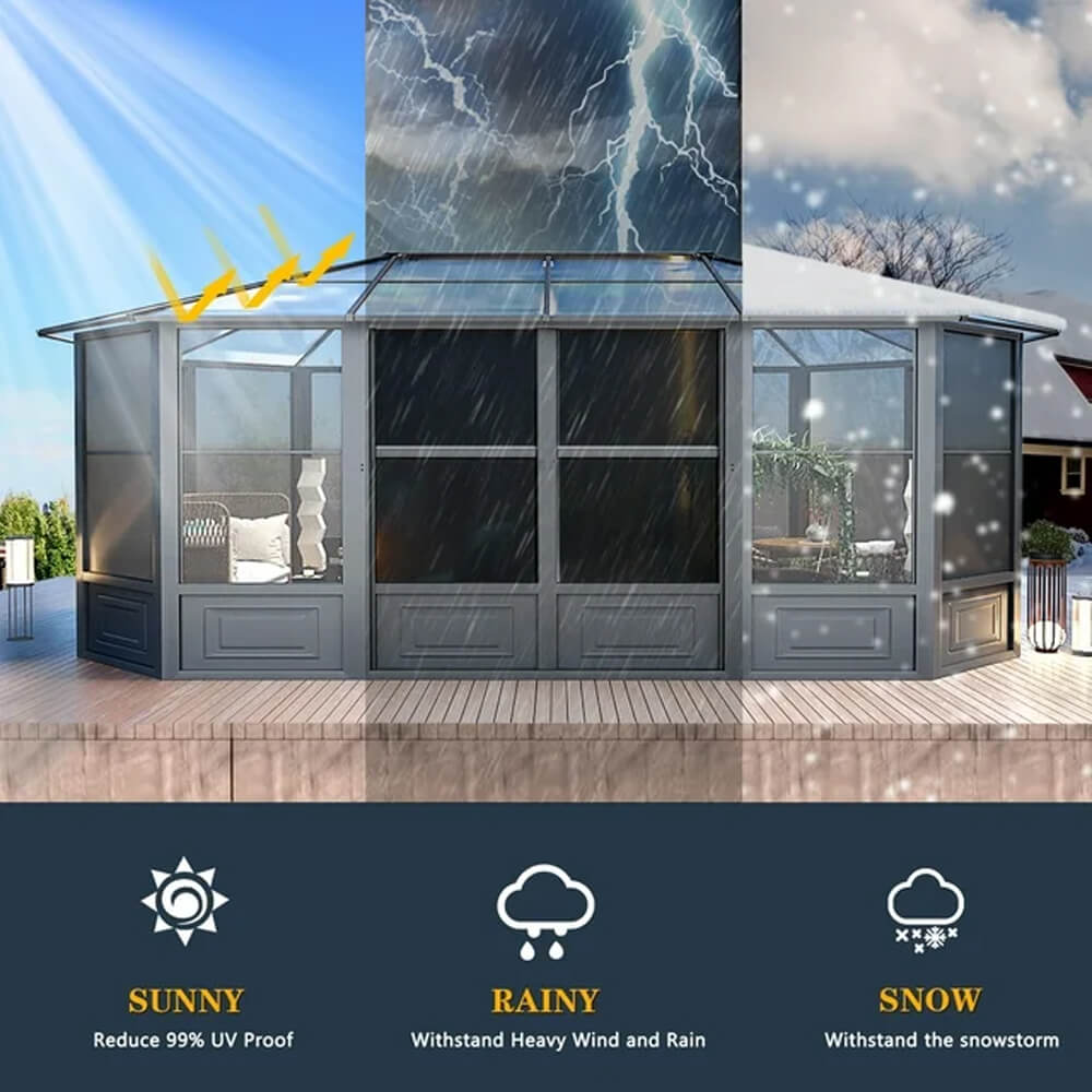 [12x18FT] Large Luxury Outdoor All-Season Aluminum Solarium Sunroom With Polycarbonate Hardtop And Sliding Doors (SAK35948) - Energize Trek