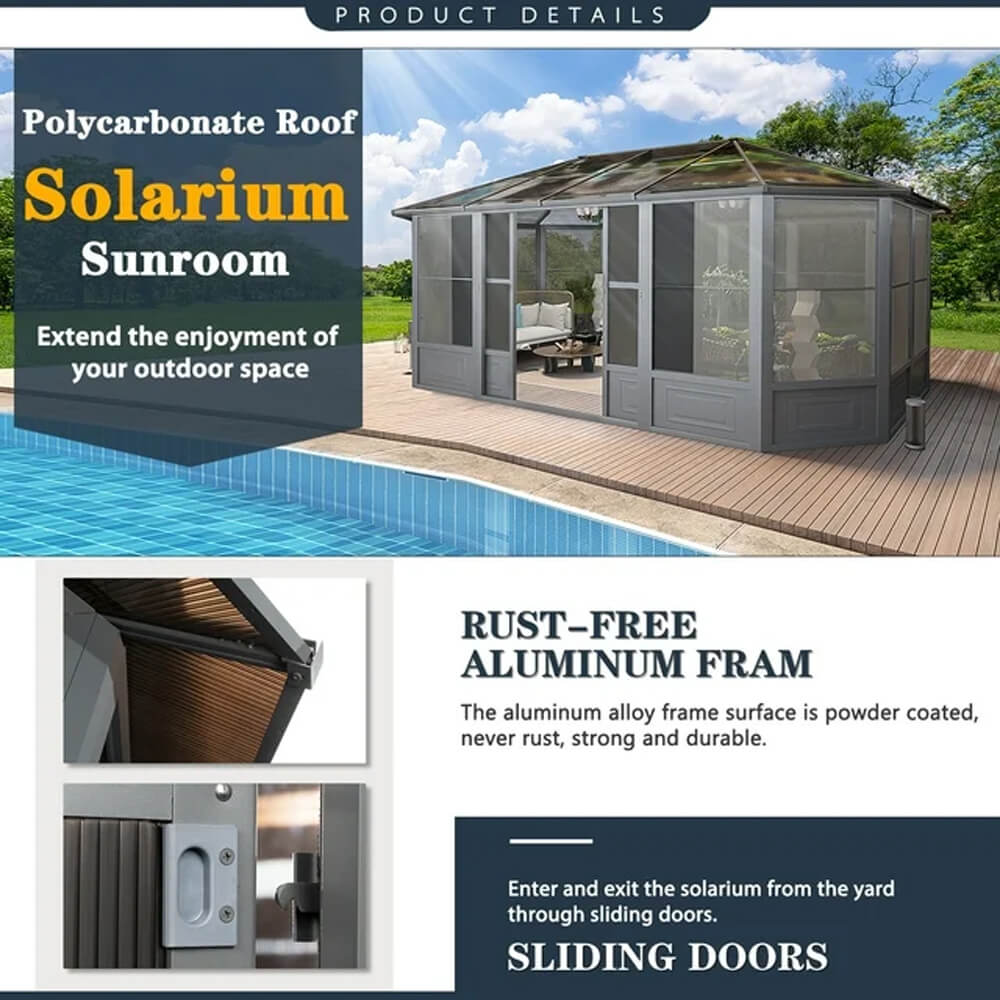 [12x18FT] Large Luxury Outdoor All-Season Aluminum Solarium Sunroom With Polycarbonate Hardtop And Sliding Doors (SAK35948) - Energize Trek