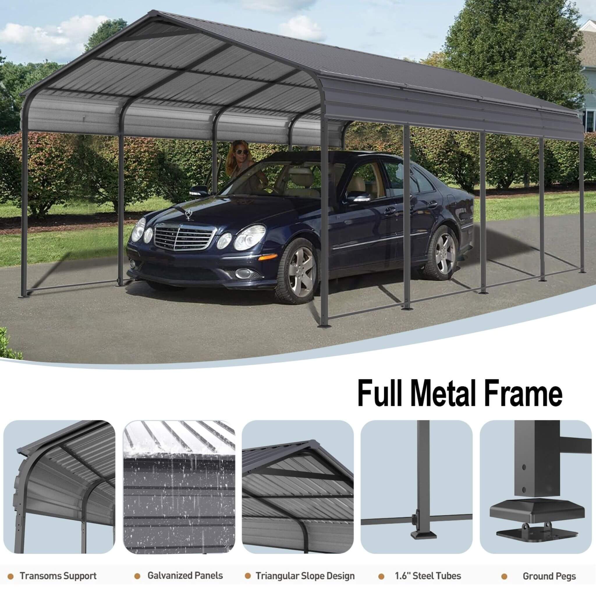 [12X20FT] Heavy Duty Metal Carport With Galvanized Steel Roof For Car, Boats And Trucks, Gray (SAK95562) - Energize Trek