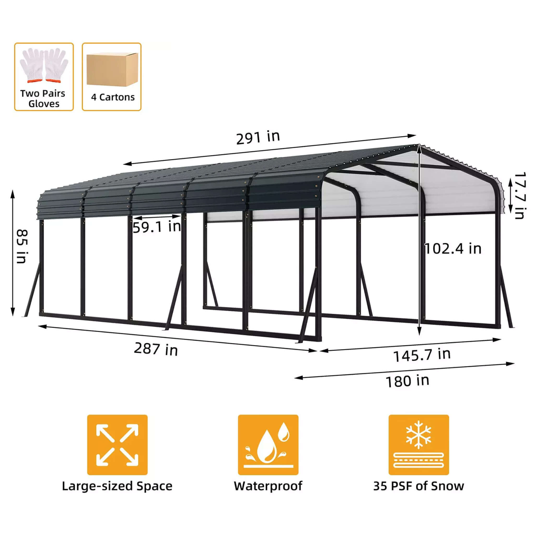 [12X24FT] Large Heavy Duty Outdoor Metal Carport Kit With Galvanized Steel Roof (SAK53849) - Energize Trek