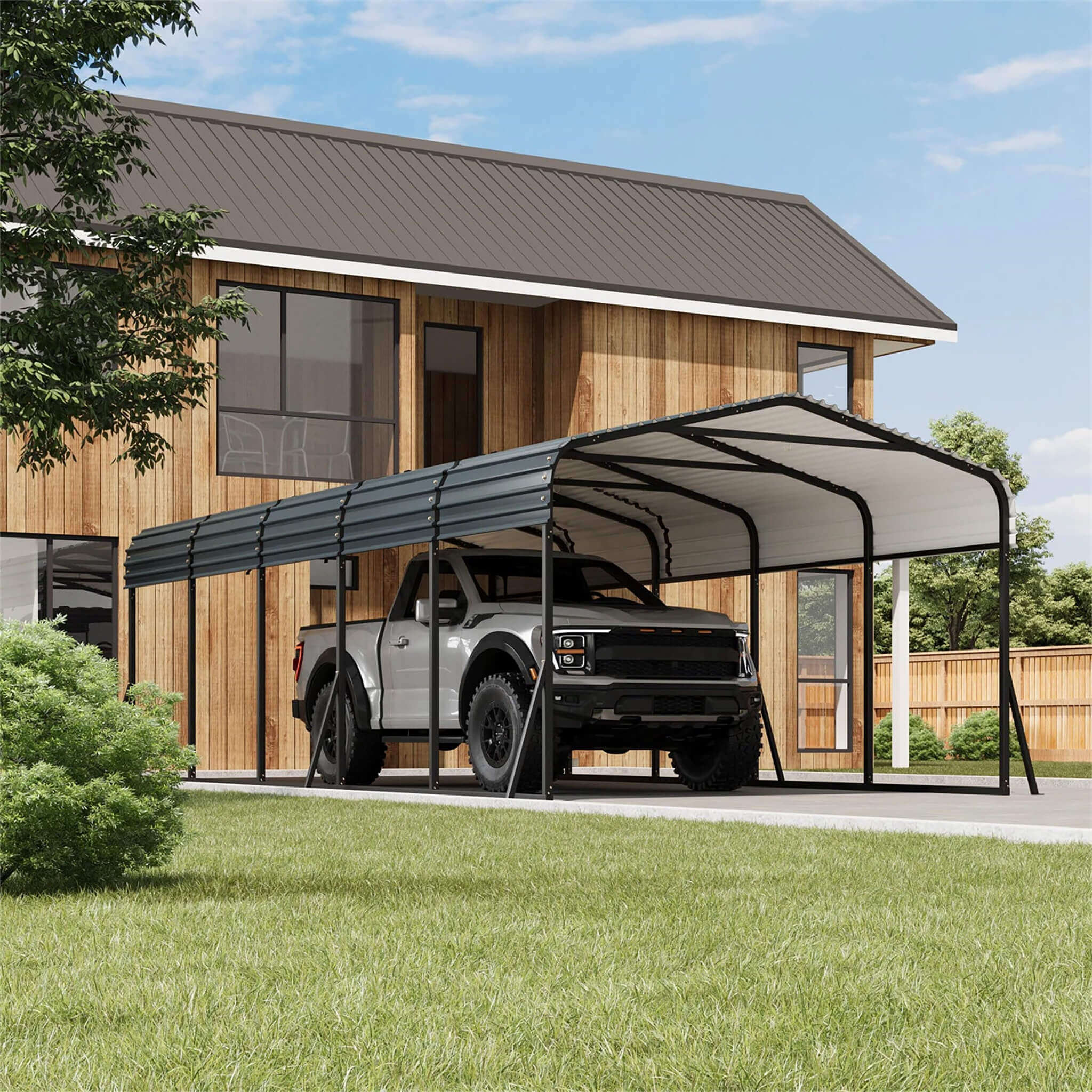 [12X24FT] Large Heavy Duty Outdoor Metal Carport Kit With Galvanized Steel Roof (SAK53849) - Energize Trek